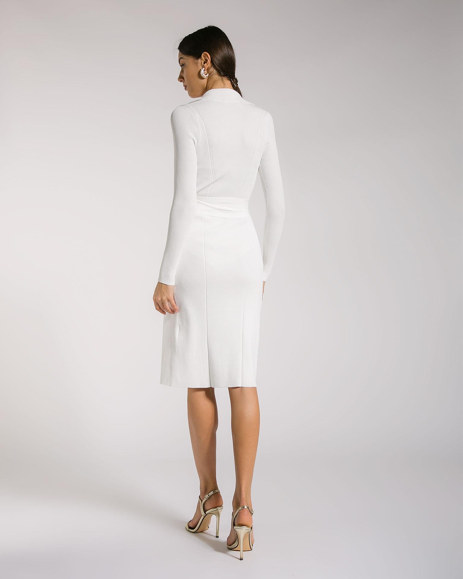 Snow-white dress with a fitted cut and a deep neckline, White — photo 5