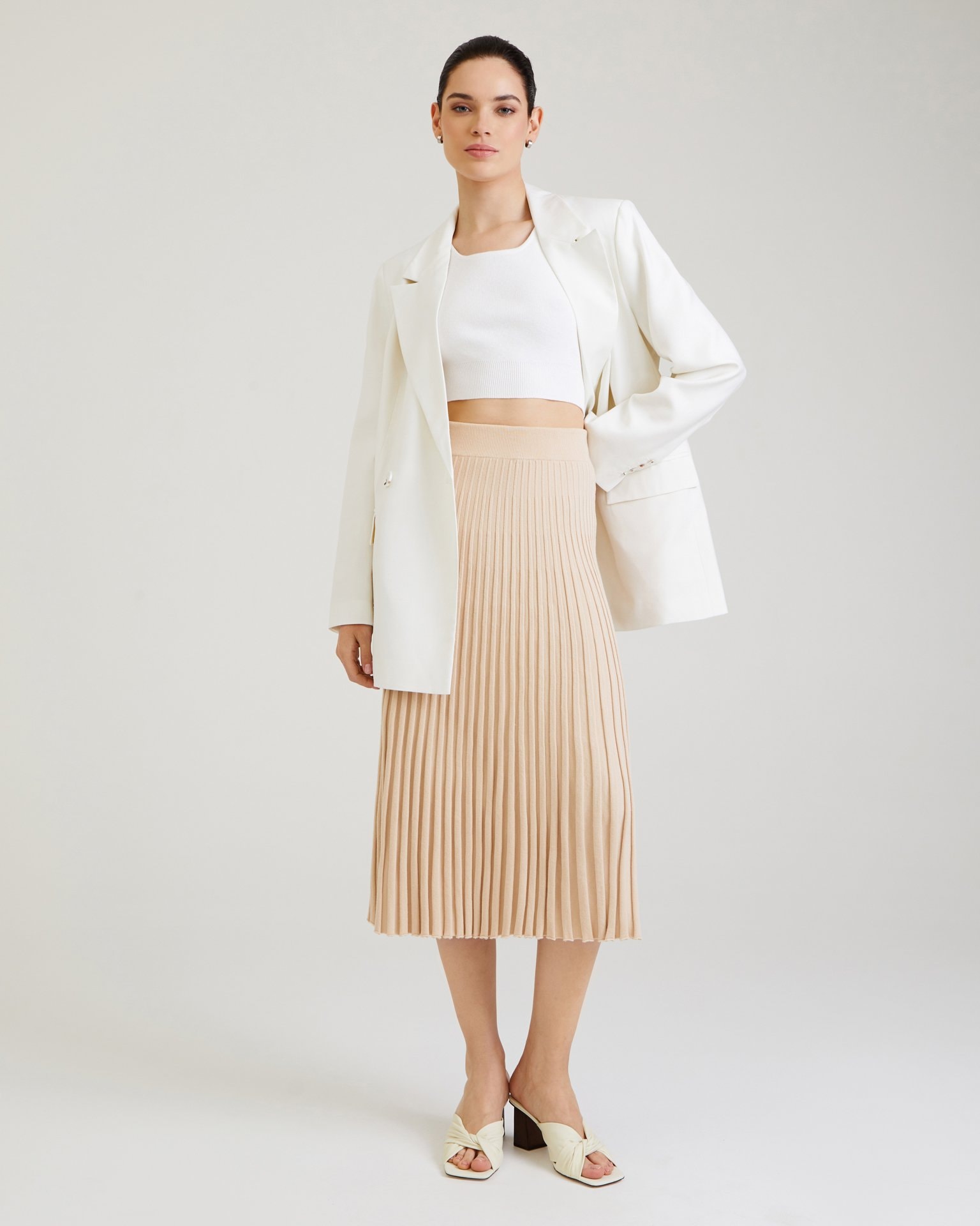 Pleated beige midi skirt, Beige