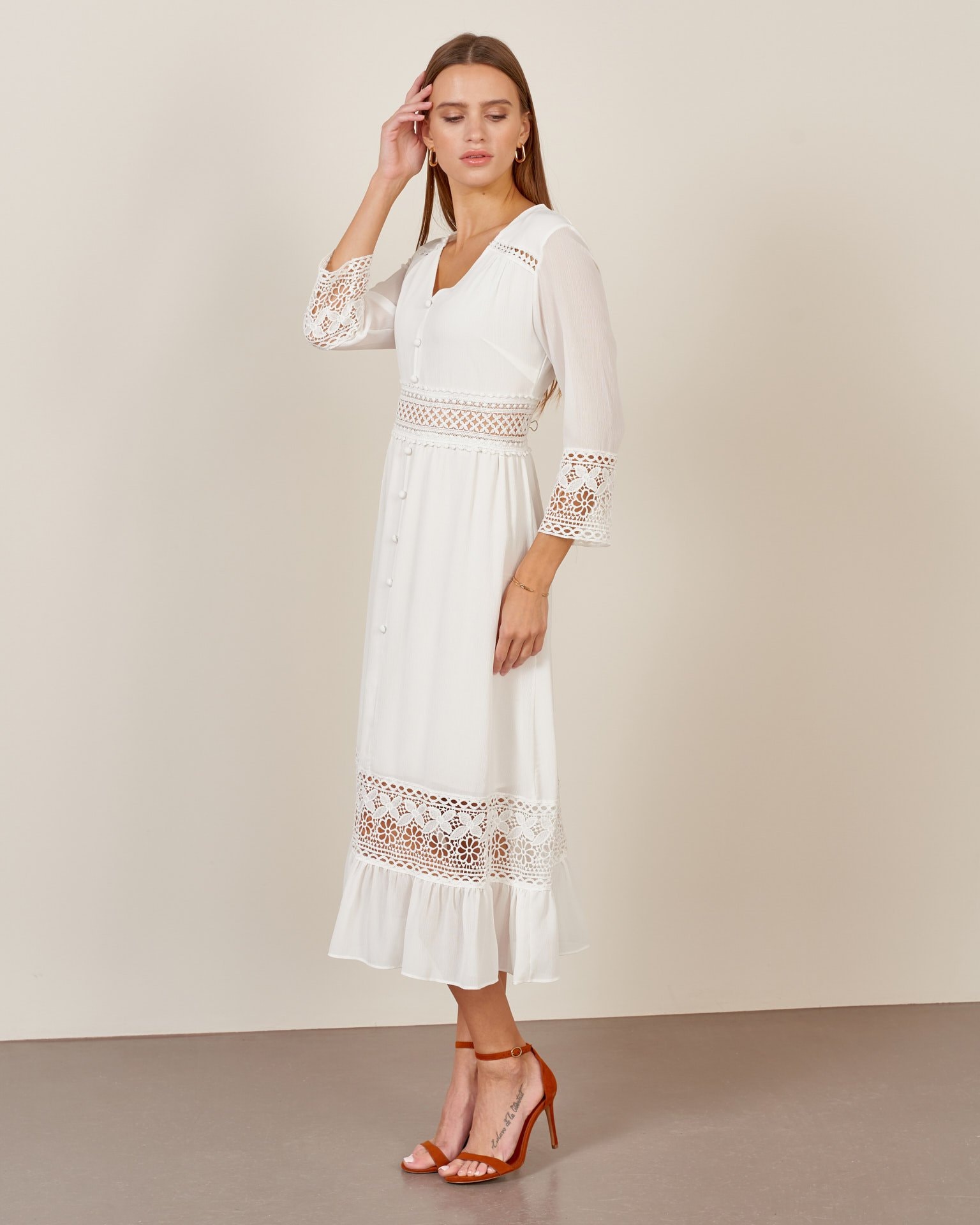 Bohemian-style dress with perforation, White — photo 2