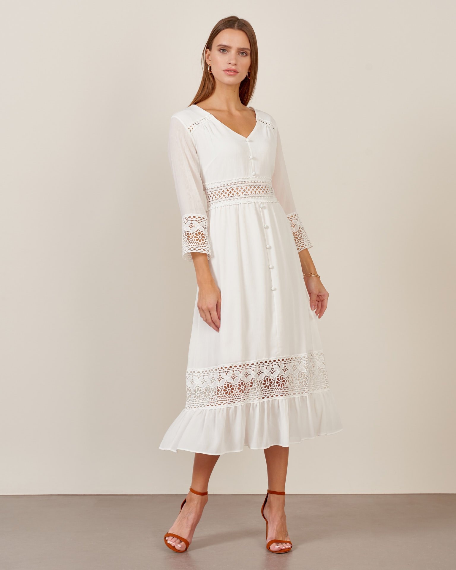 Bohemian-style dress with perforation, White — photo 4