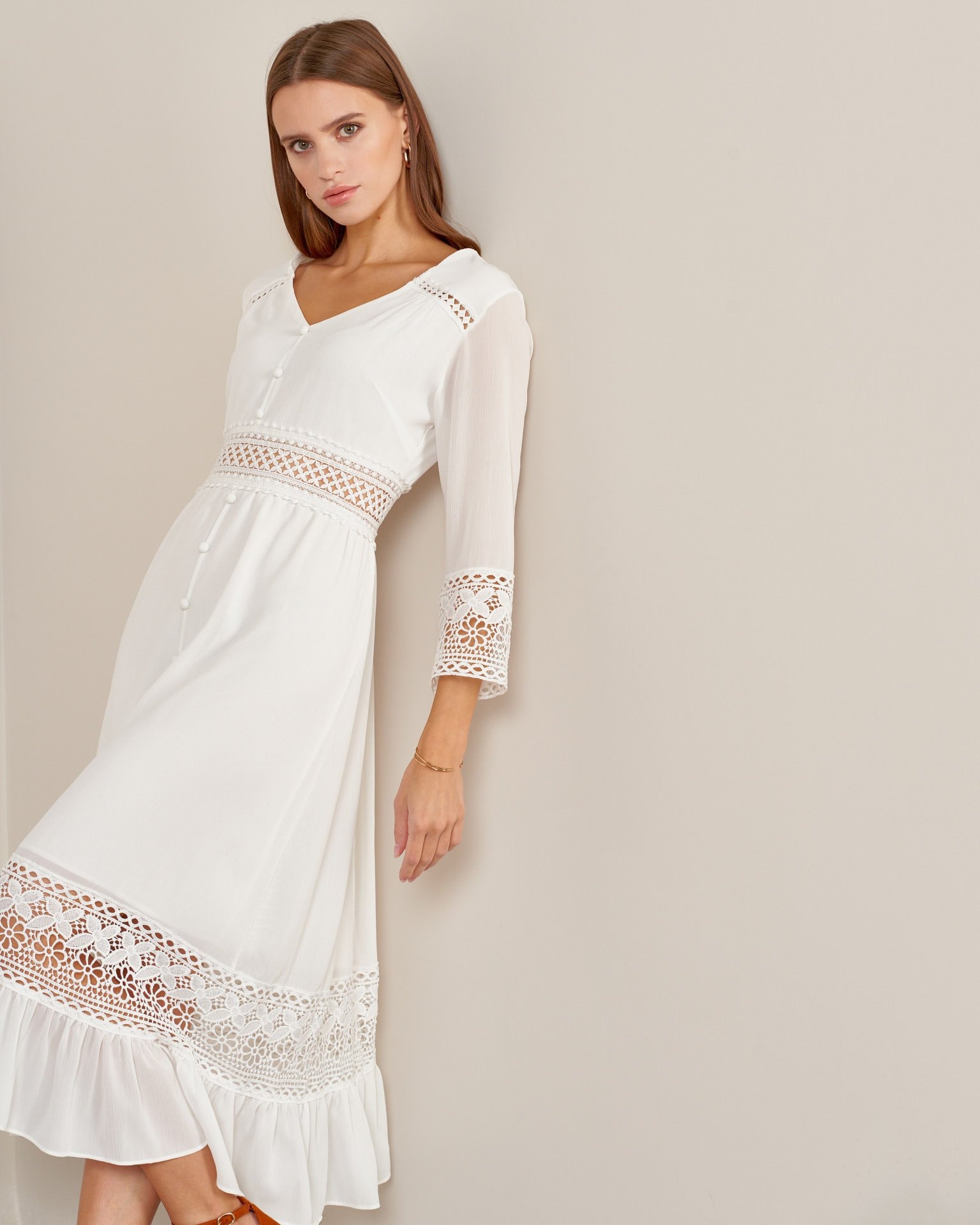 Bohemian-style dress with perforation, White
