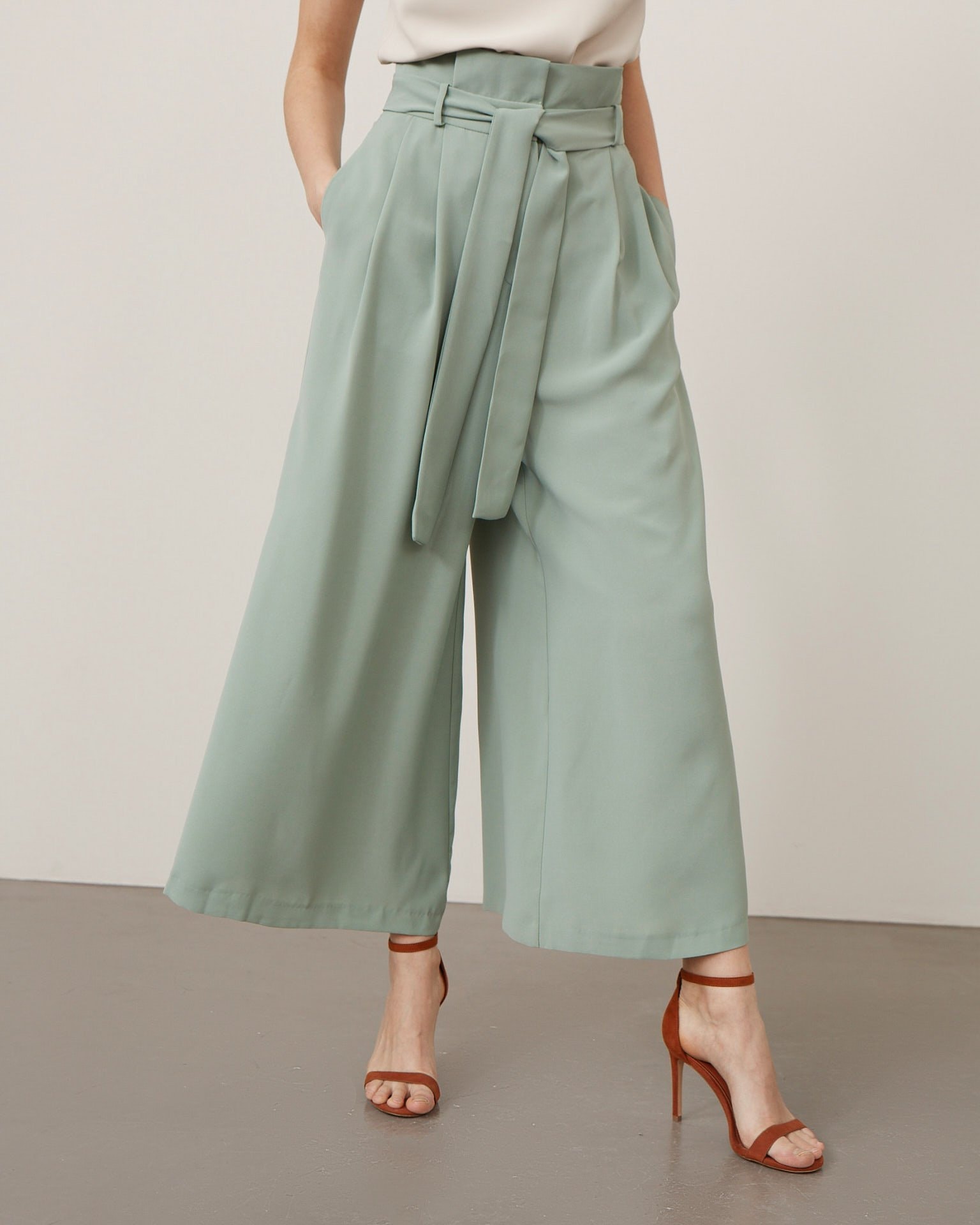 High-Waisted Culotte Trousers, Green — photo 2