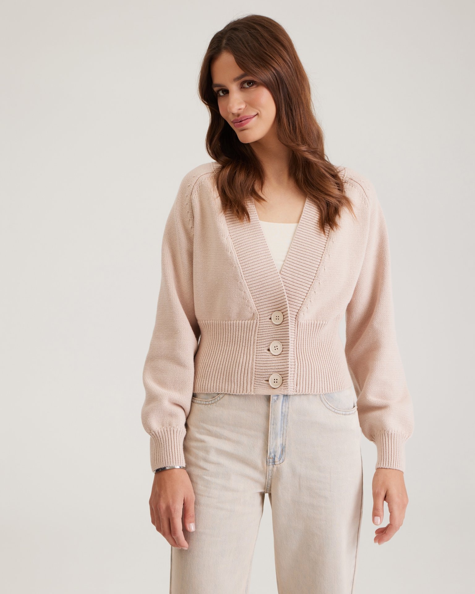 Cardigan with V-neck, Beige — photo 2
