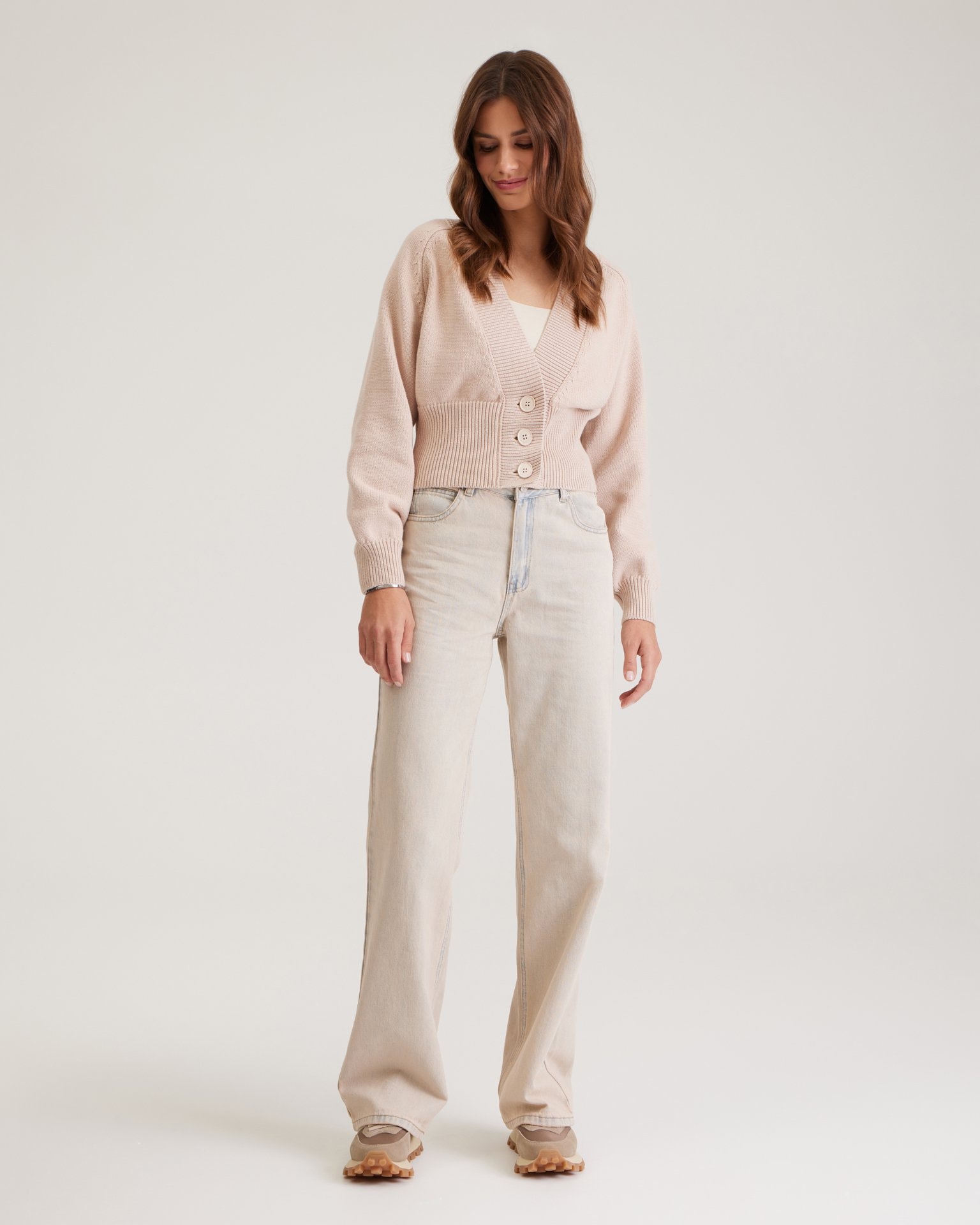 Cardigan with V-neck, Beige — photo 6