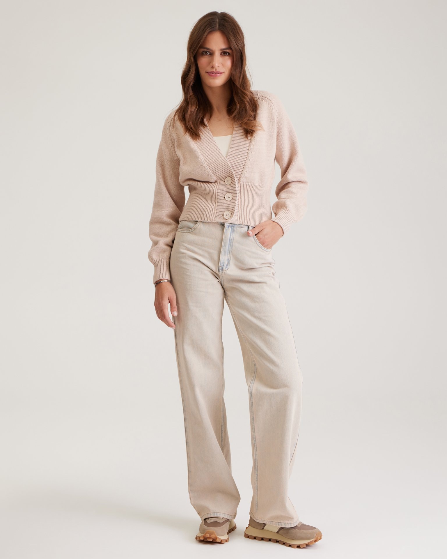 Cardigan with V-neck, Beige — photo 4