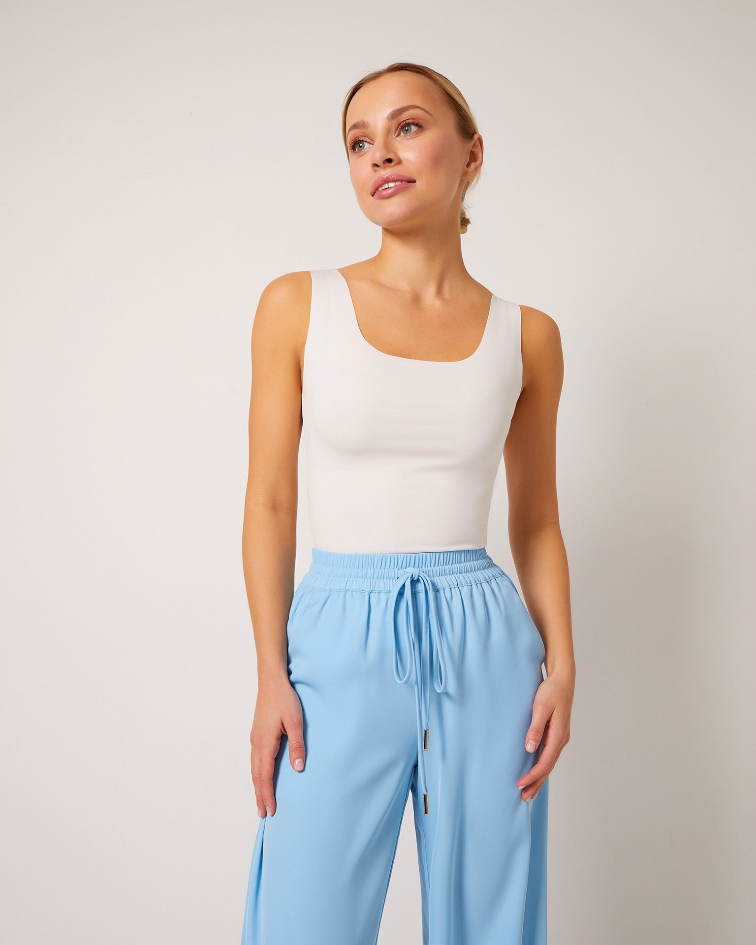 Elasticated waist wide-leg trousers, Light Blue — photo 6
