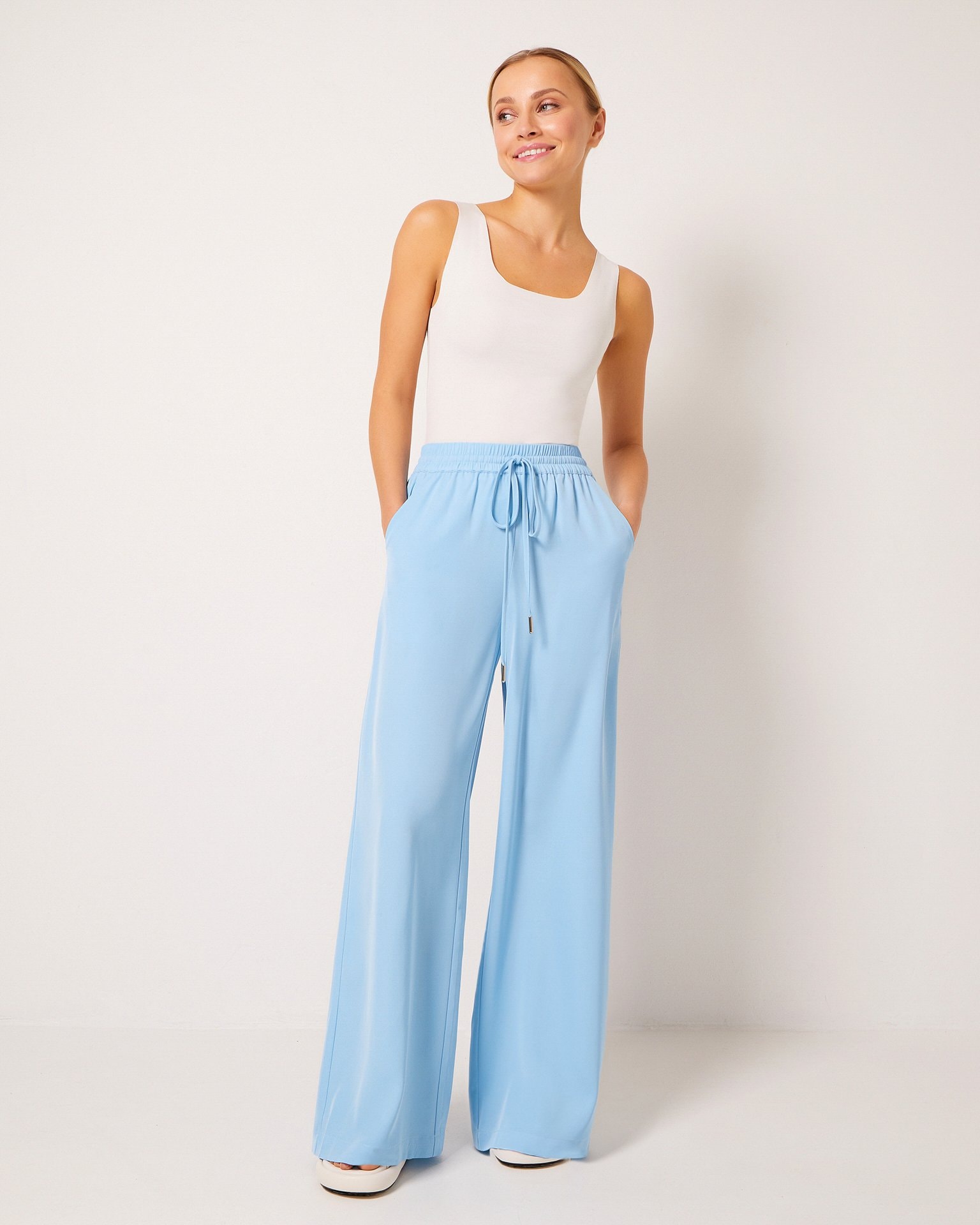 Elasticated waist wide-leg trousers, Light Blue — photo 2