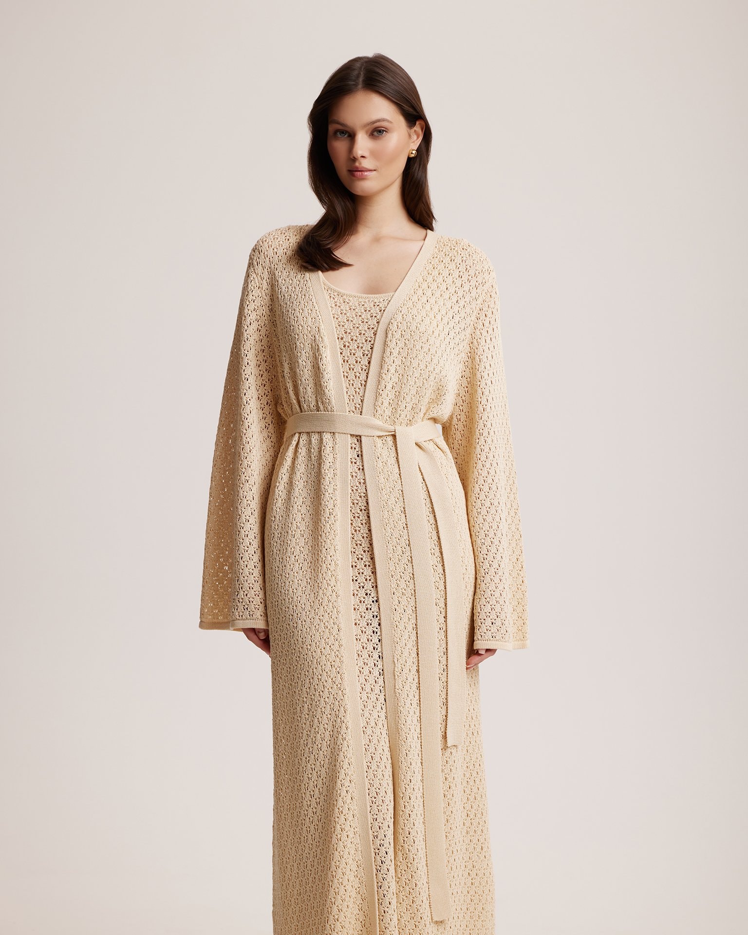 Cropped cotton cardigan, Beige — photo 3