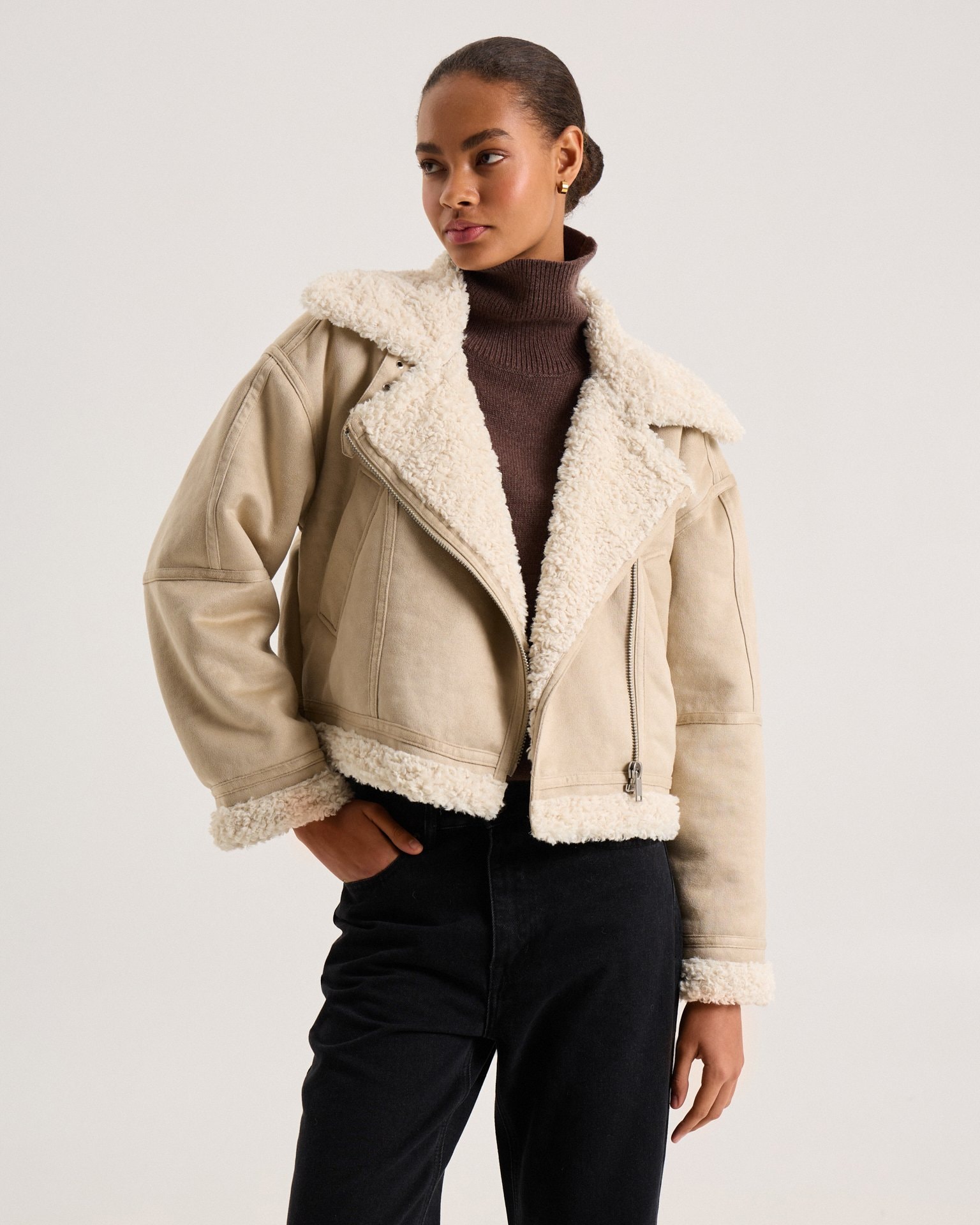 Beige quilted sheepskin coat, Beige — photo 2