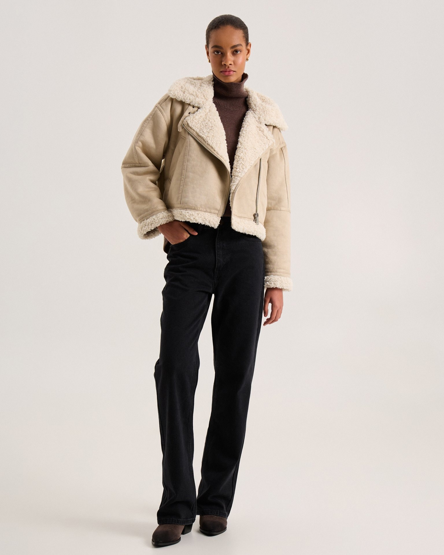 Beige quilted sheepskin coat, Beige — photo 5