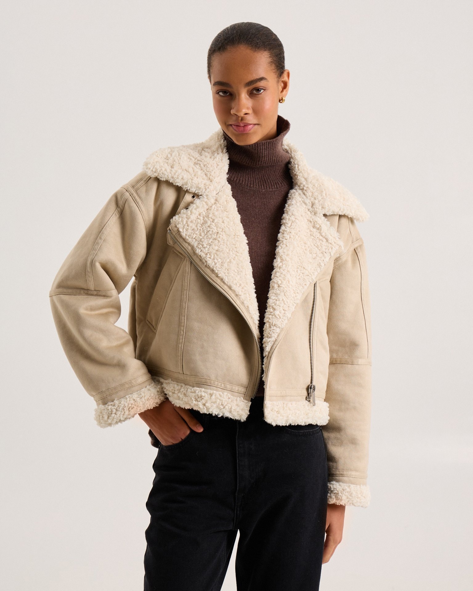 Beige quilted sheepskin coat, Beige — photo 12