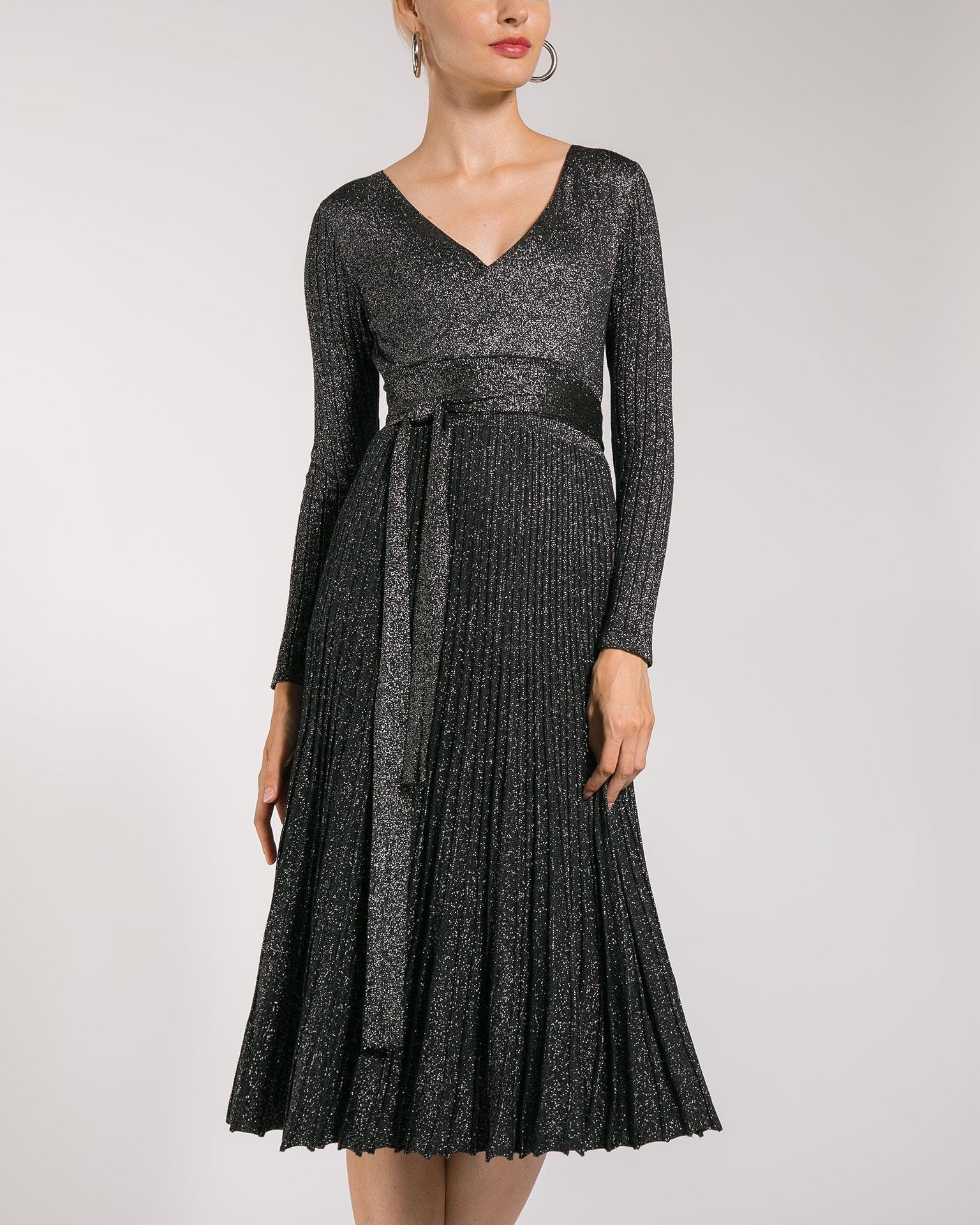 Midi dress with pleated skirt and shimmering lurex panels, Black — photo 4