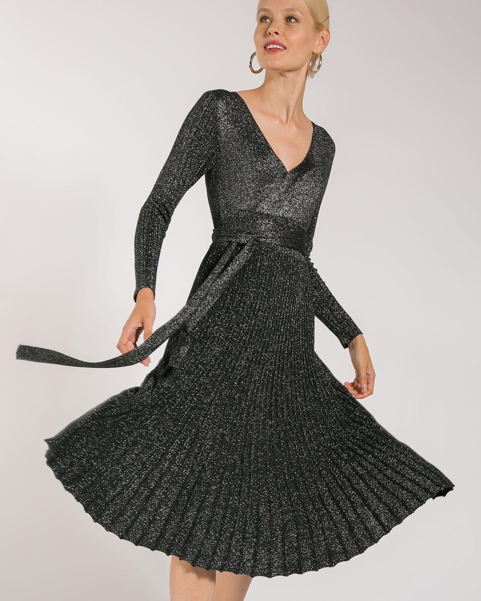 Midi dress with pleated skirt and shimmering lurex panels, Black — photo 2
