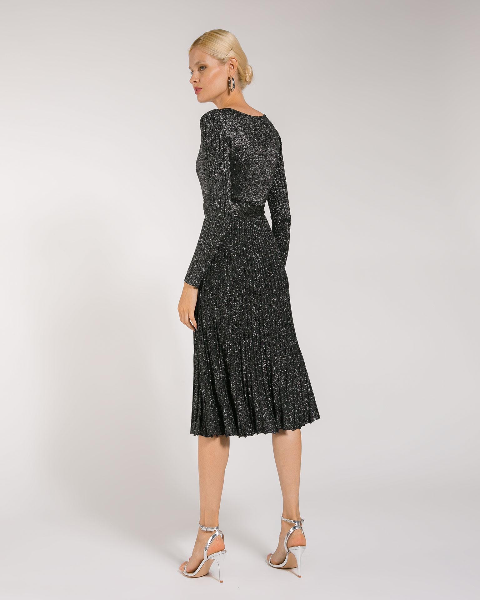 Midi dress with pleated skirt and shimmering lurex panels, Black — photo 5