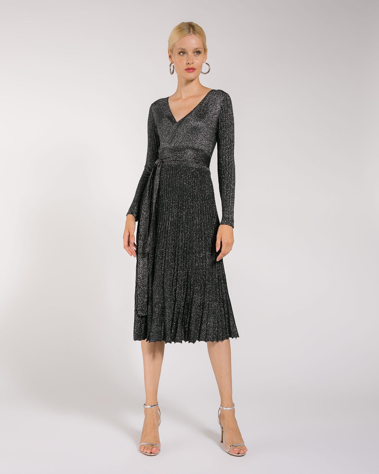 Midi dress with pleated skirt and shimmering lurex panels, Black — photo 3