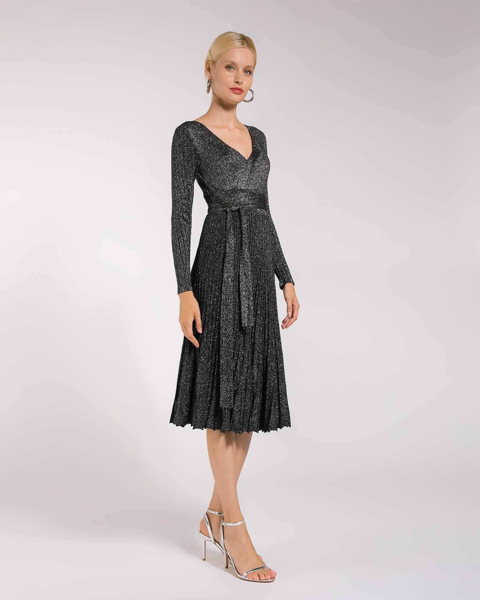 Midi dress with pleated skirt and shimmering lurex panels, Black