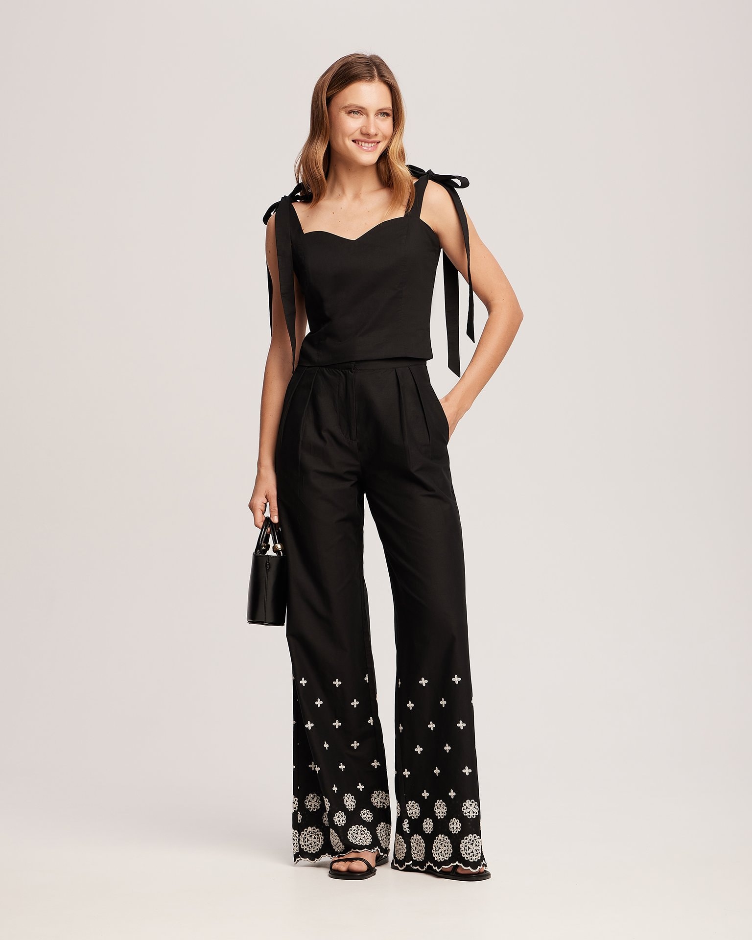 Straight-leg trousers with embroidery, Black — photo 4