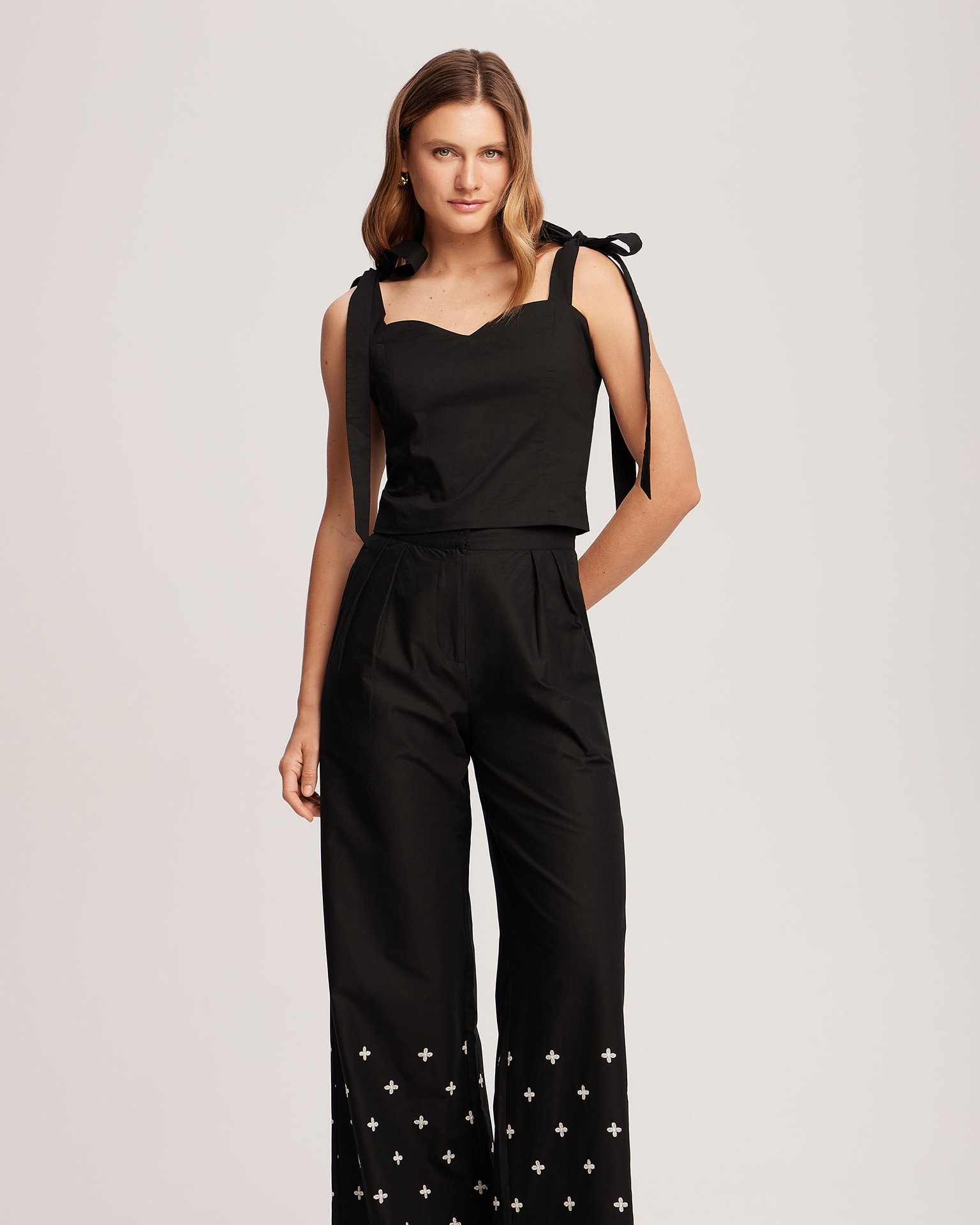 Straight-leg trousers with embroidery, Black — photo 2