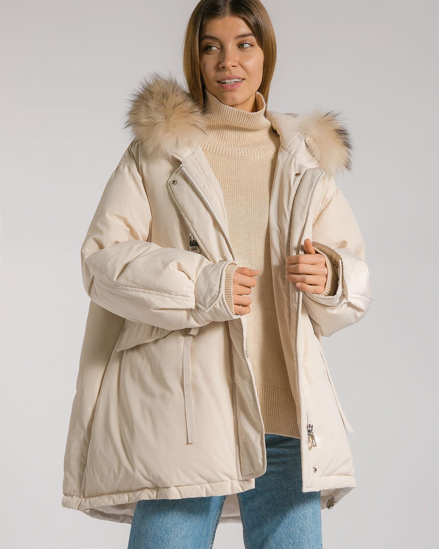 Parka with an elongated back and oversized hood, Beige
