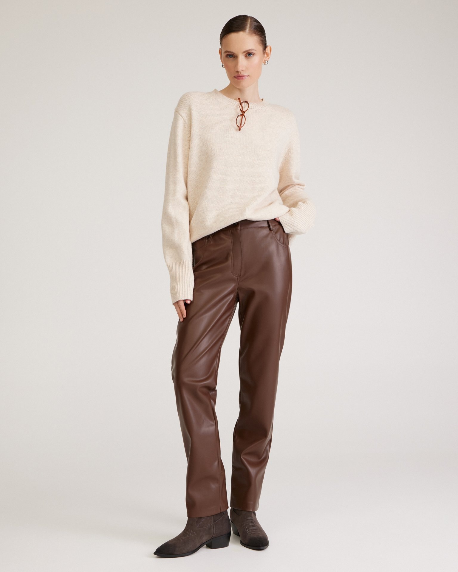 Chocolate brown trousers in eco-leather, Brown