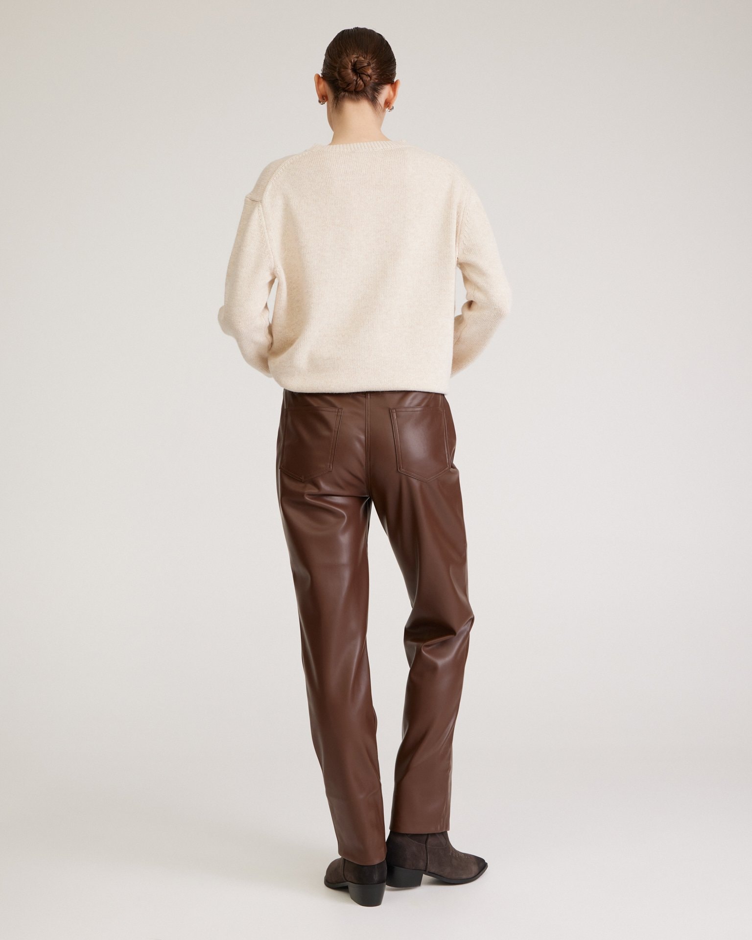Chocolate brown trousers in eco-leather, Brown — photo 3