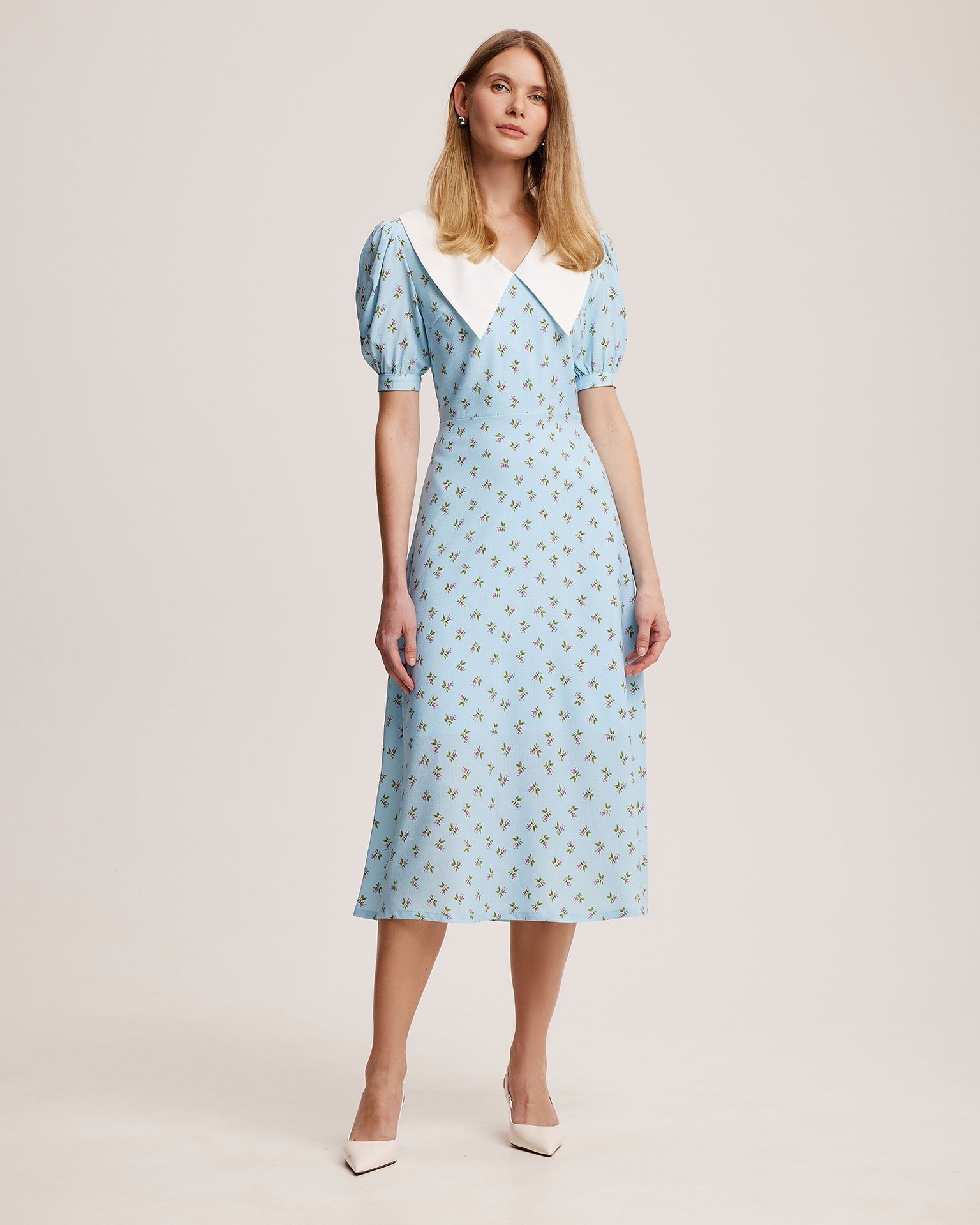 Blue dress with a white collar, Light Blue — photo 4