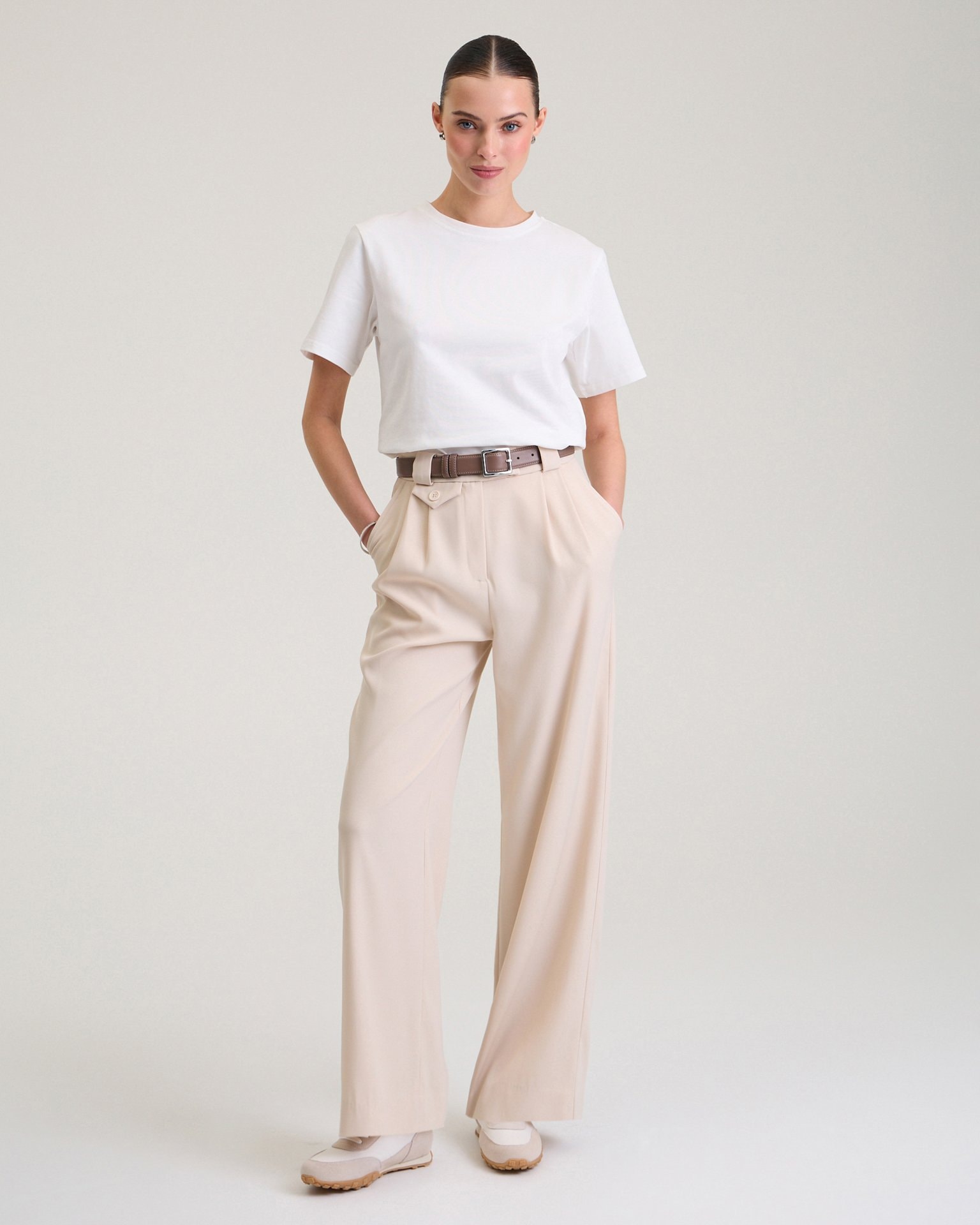 Trousers with a decorative pocket in beige, Beige — photo 3