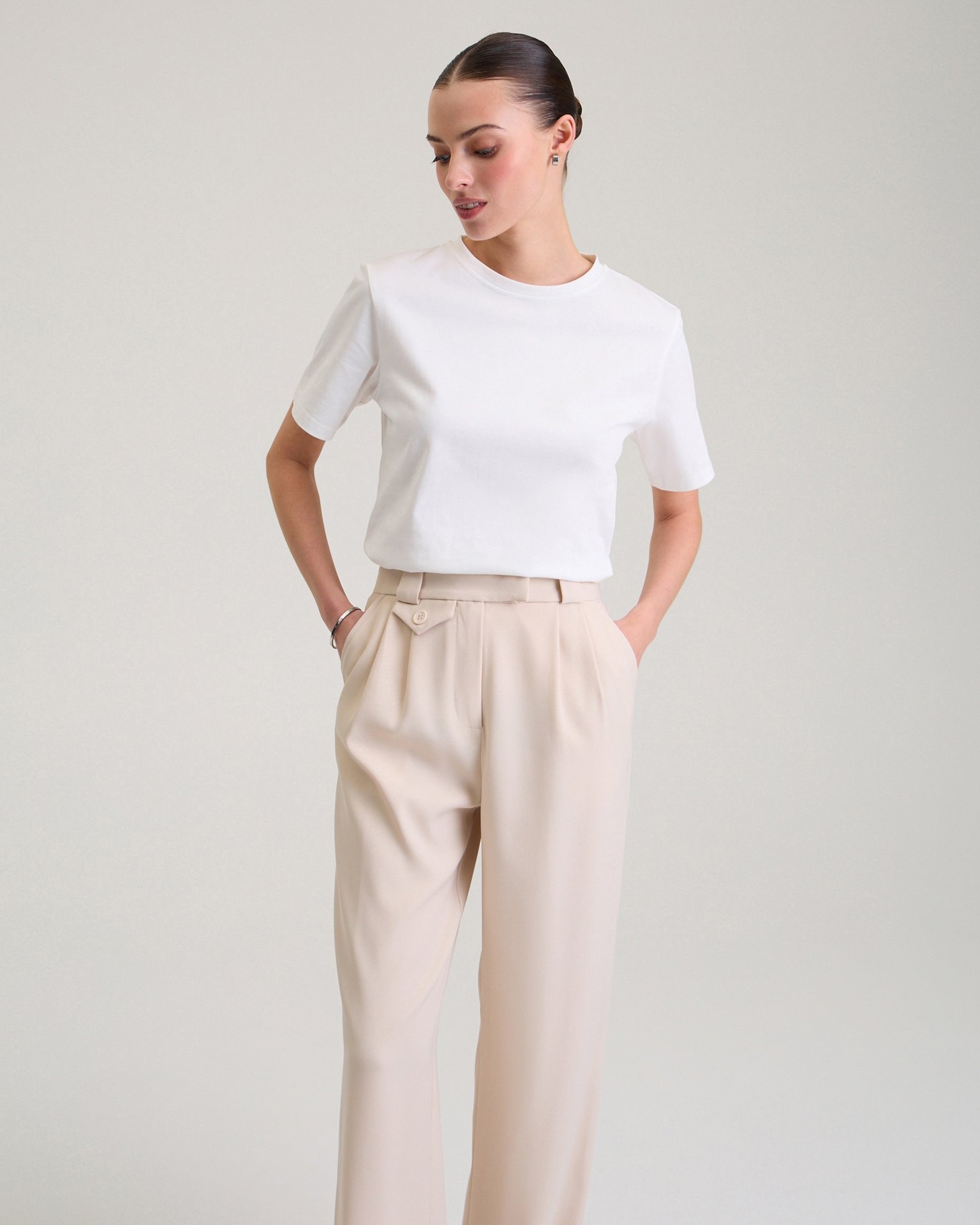Trousers with a decorative pocket in beige, Beige — photo 7