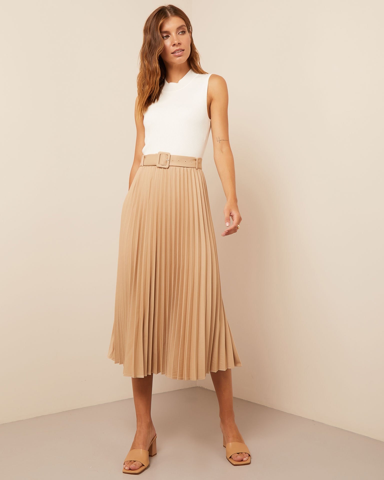 Pleated midi skirt, Beige