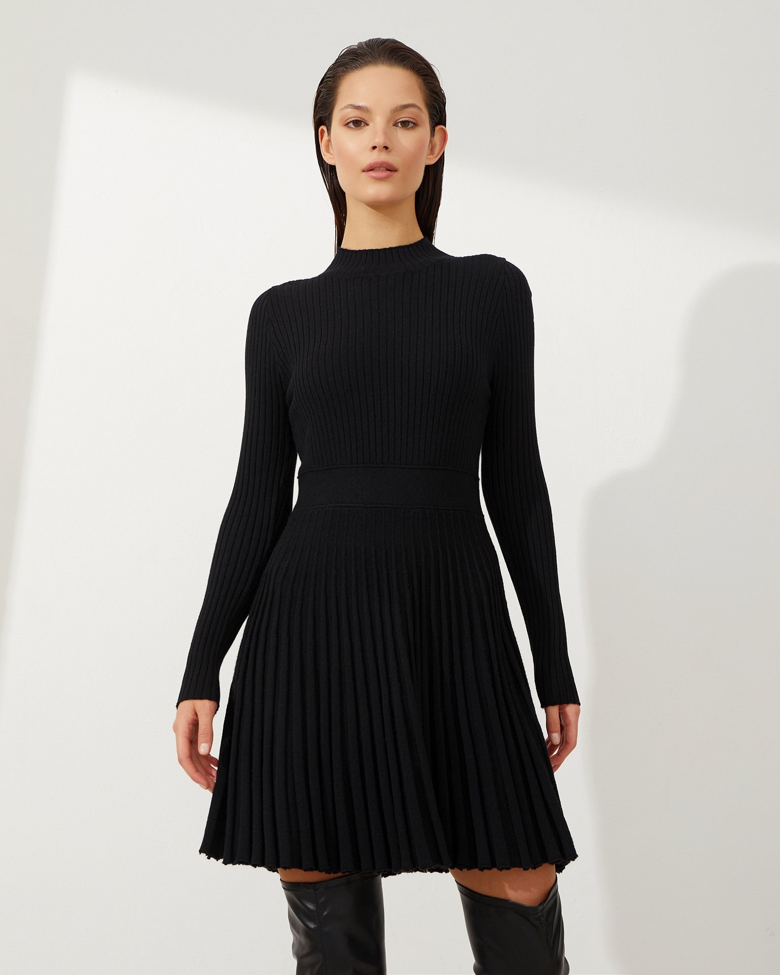 Stand-up Collar Dress, Black
