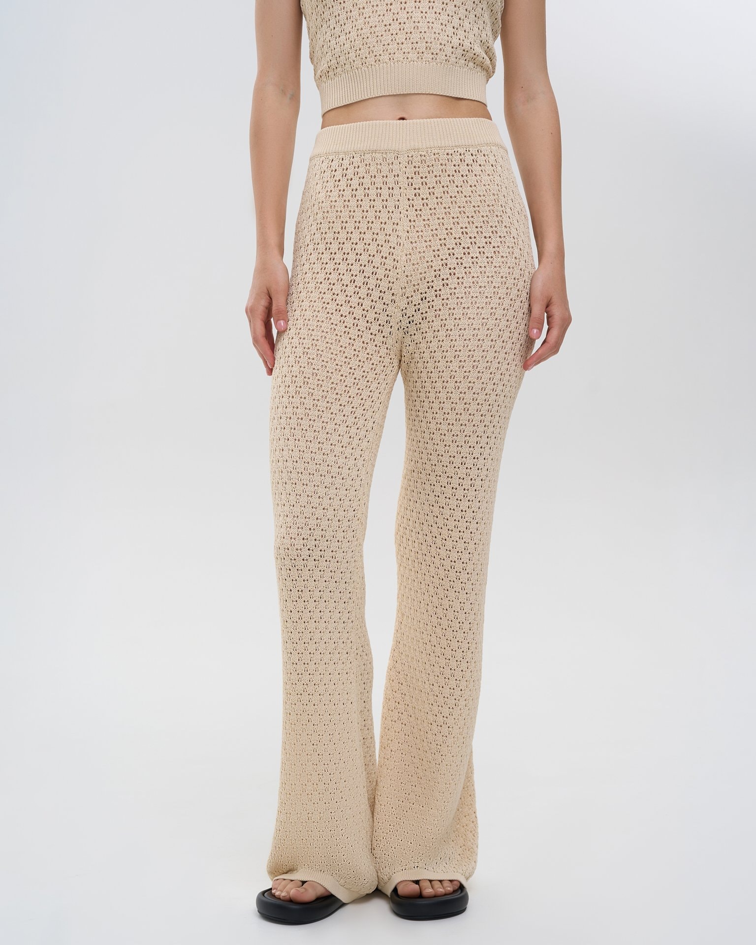 Flared trousers with elastic waist, Beige — photo 6