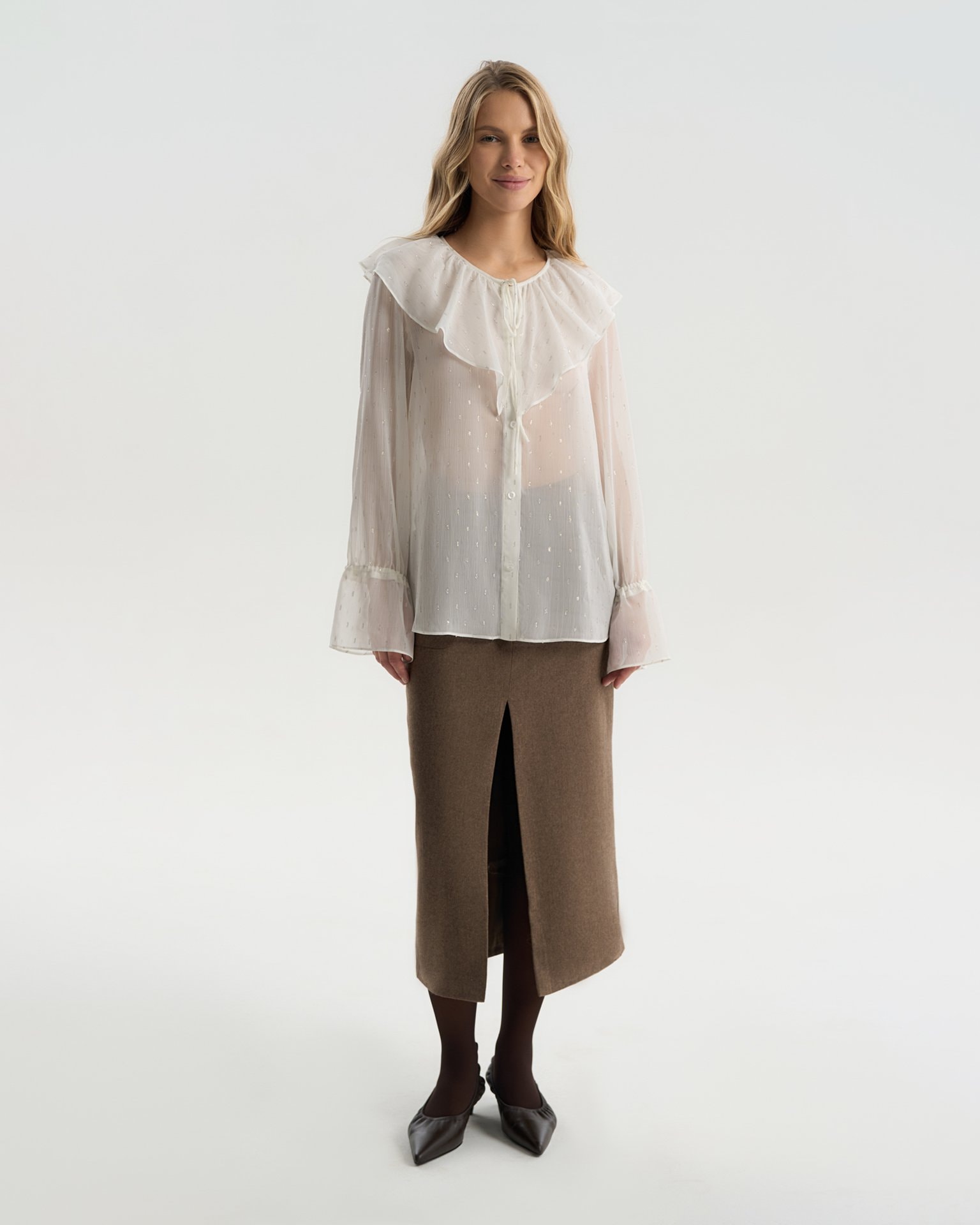 Blouse with a flounce collar, White — photo 3