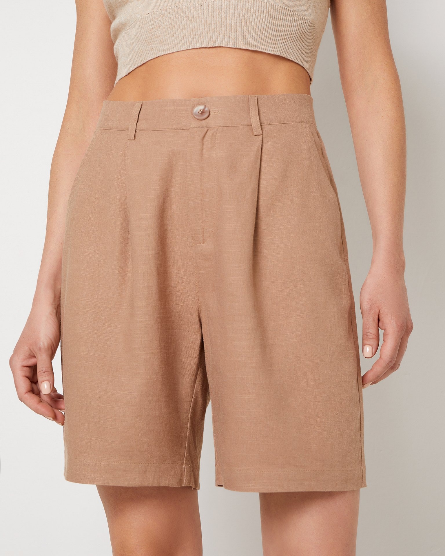 Linen Bermuda Shorts, Brown-Beige — photo 4