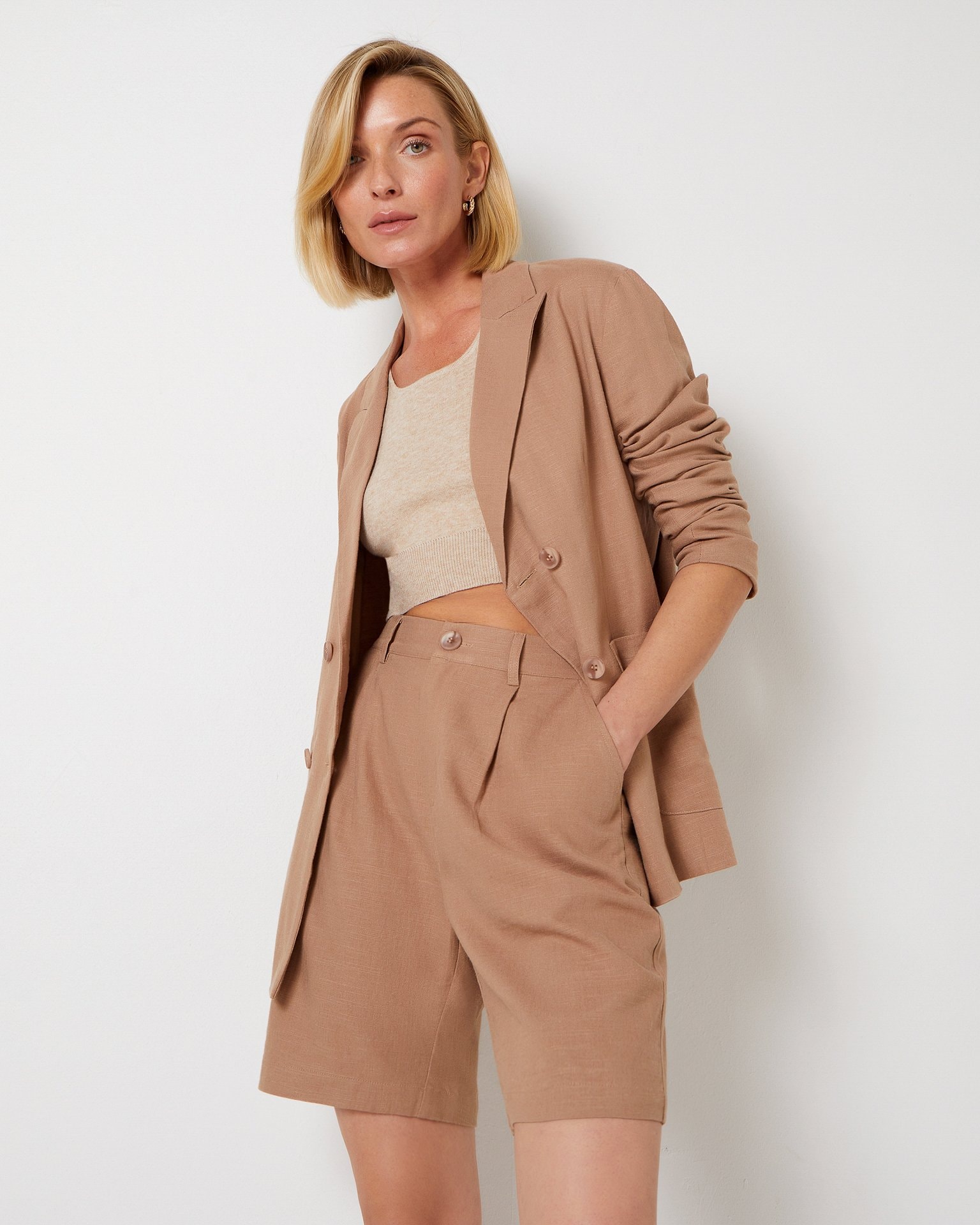 Linen Bermuda Shorts, Brown-Beige — photo 2