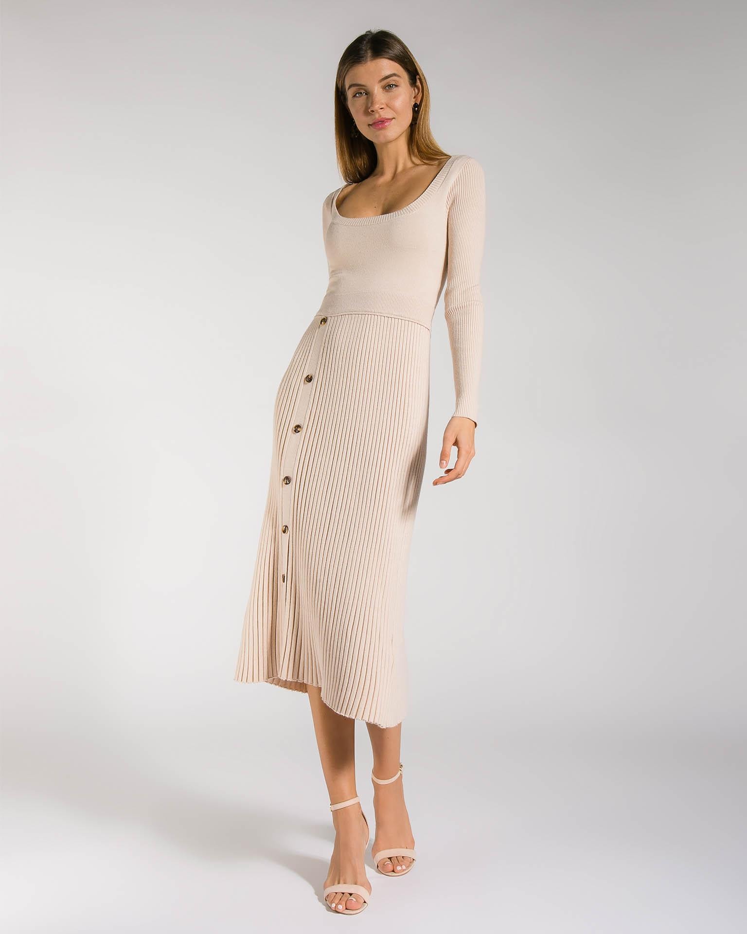 Minimalist Midi Dress with a Pleated Skirt, Beige — photo 2