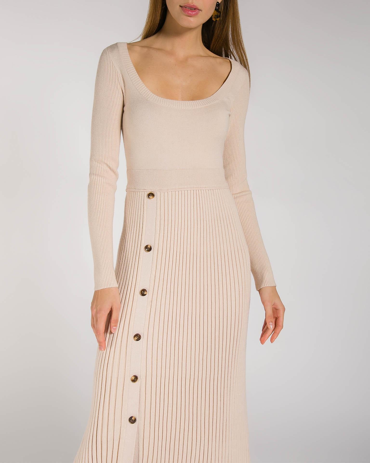 Minimalist Midi Dress with a Pleated Skirt, Beige — photo 3