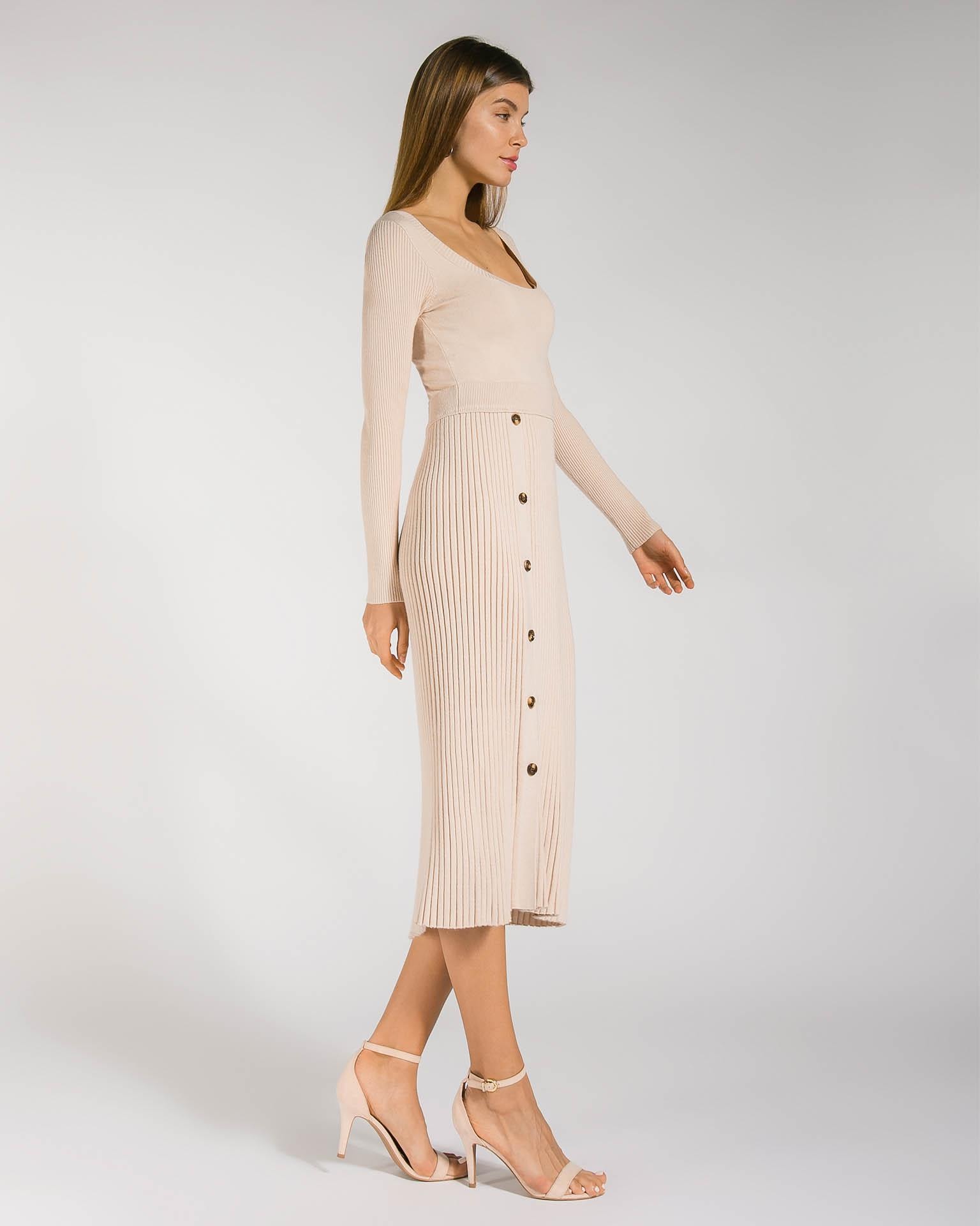 Minimalist Midi Dress with a Pleated Skirt, Beige — photo 4
