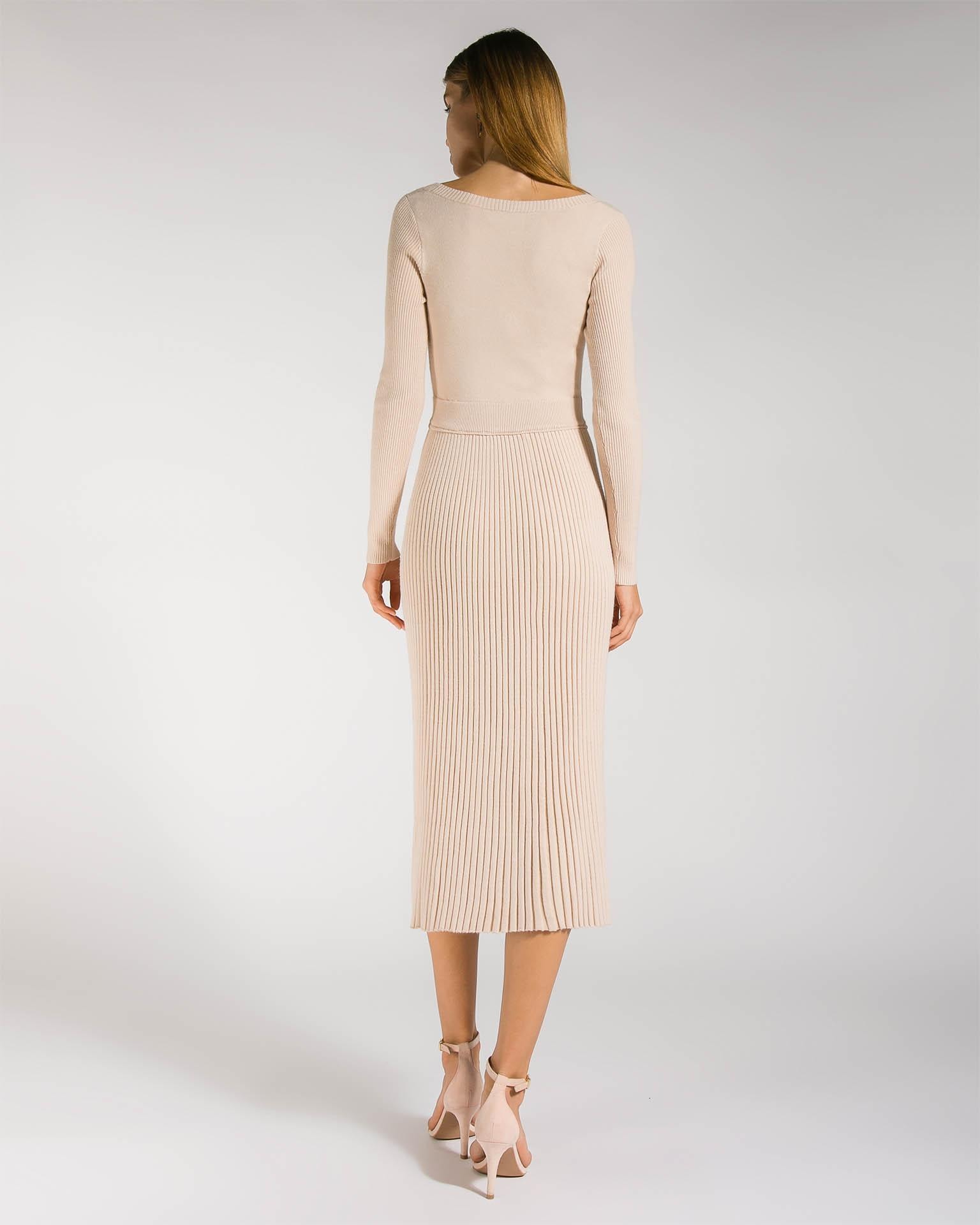 Minimalist Midi Dress with a Pleated Skirt, Beige — photo 5