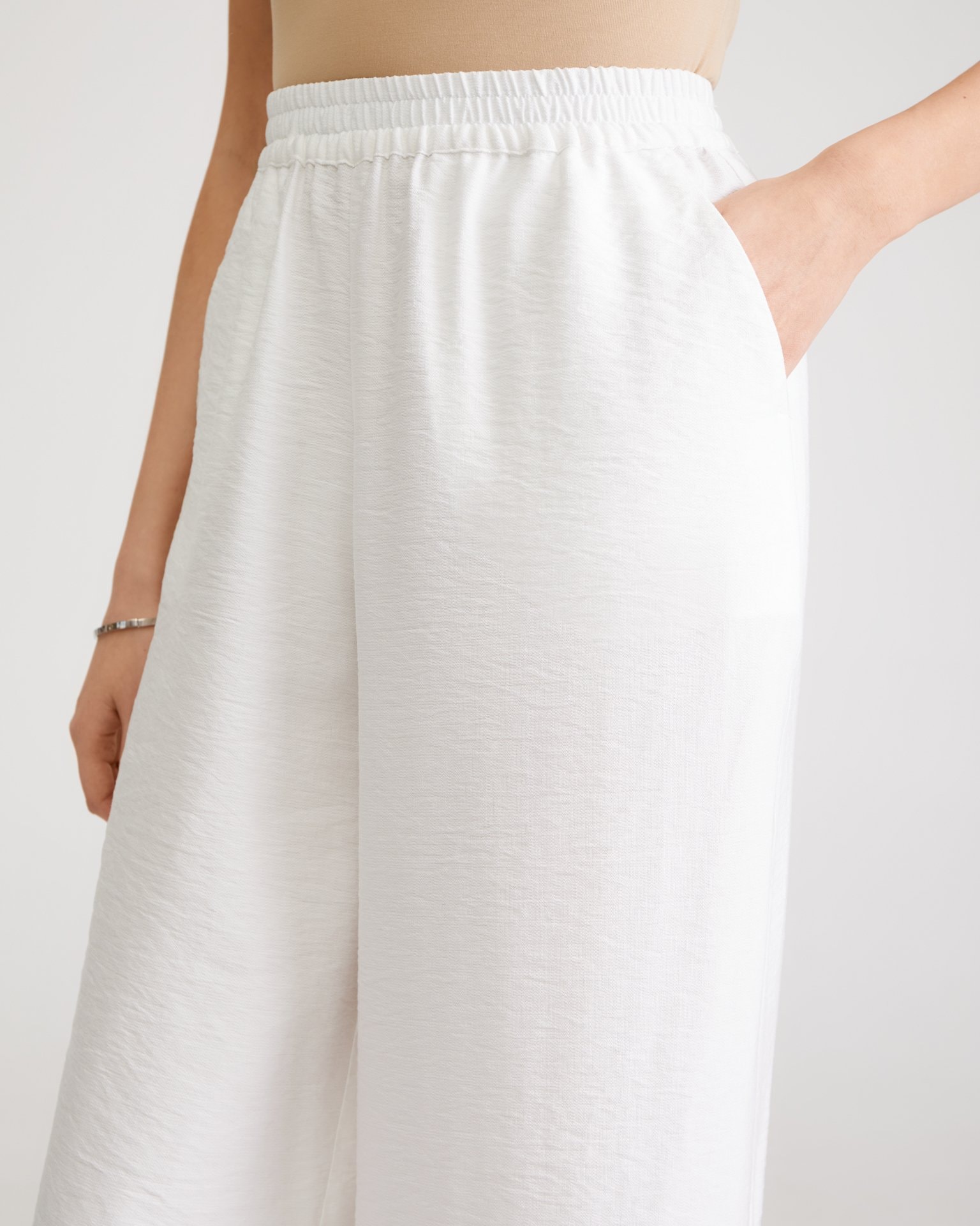 White Trousers with Elastic Waist, White — photo 5