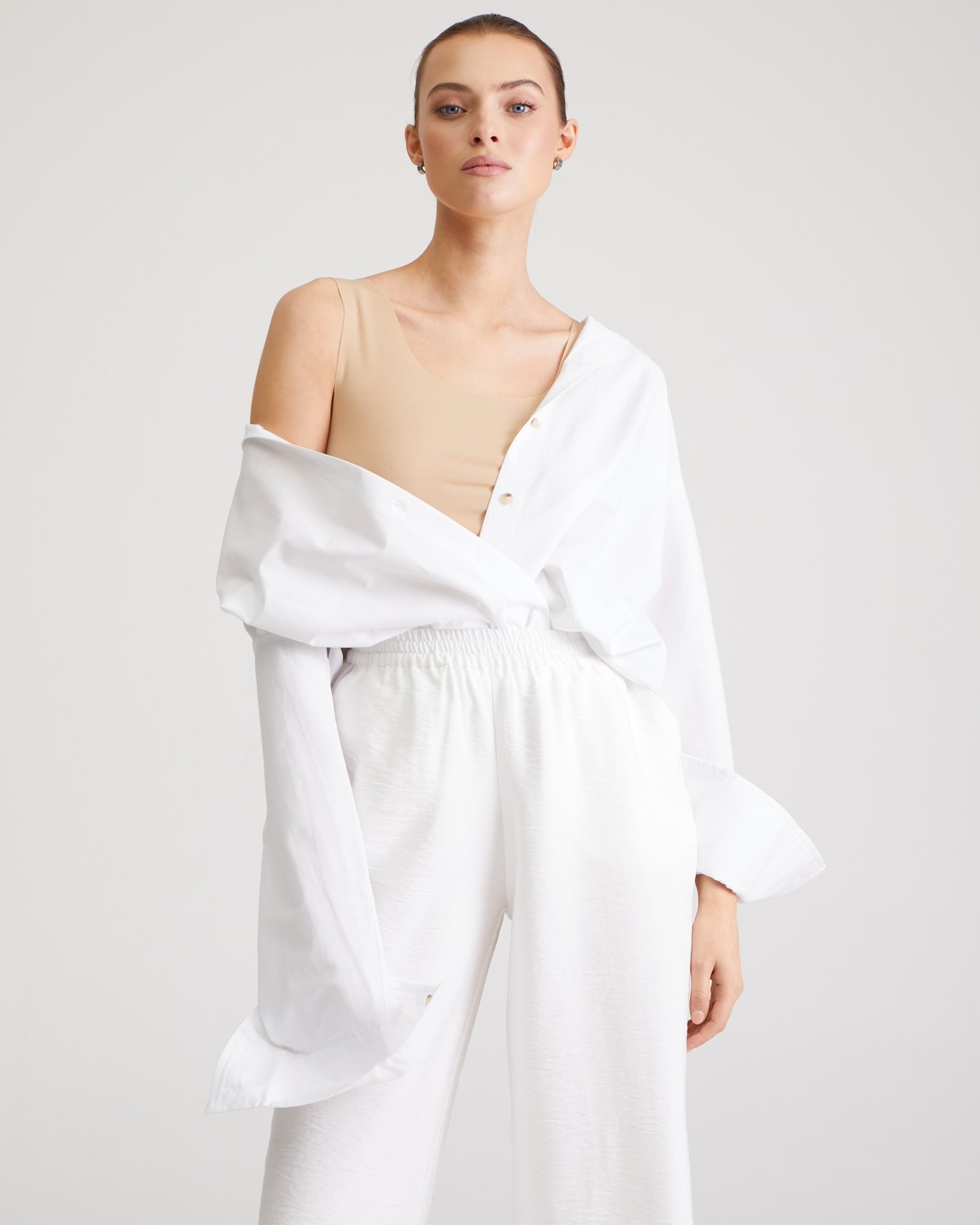 White Trousers with Elastic Waist, White — photo 2