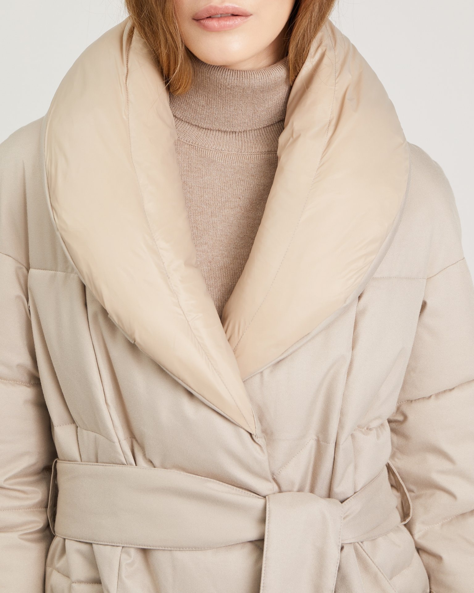 Belted Puffer Coat in Beige, Beige — photo 6