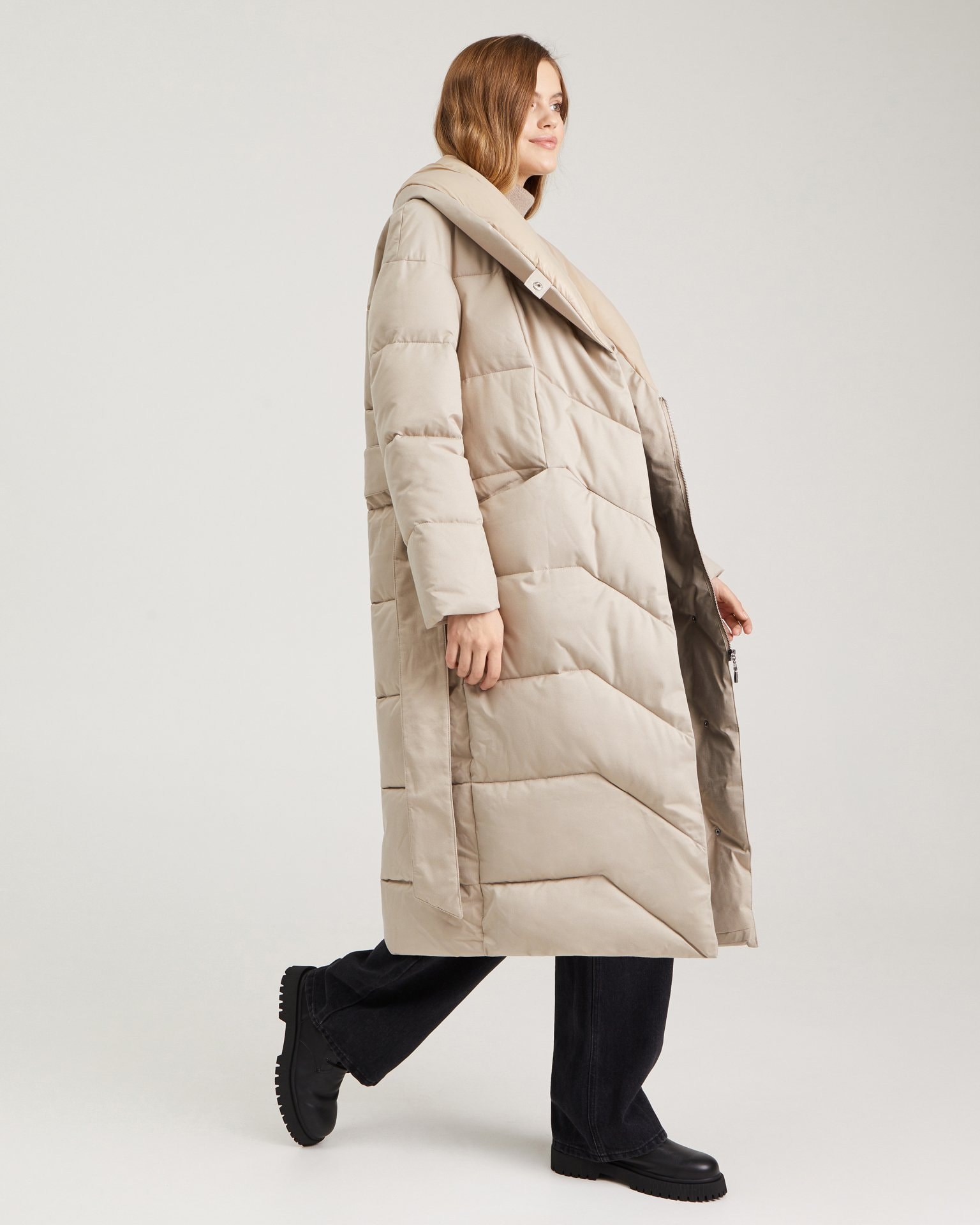 Belted Puffer Coat in Beige, Beige — photo 2