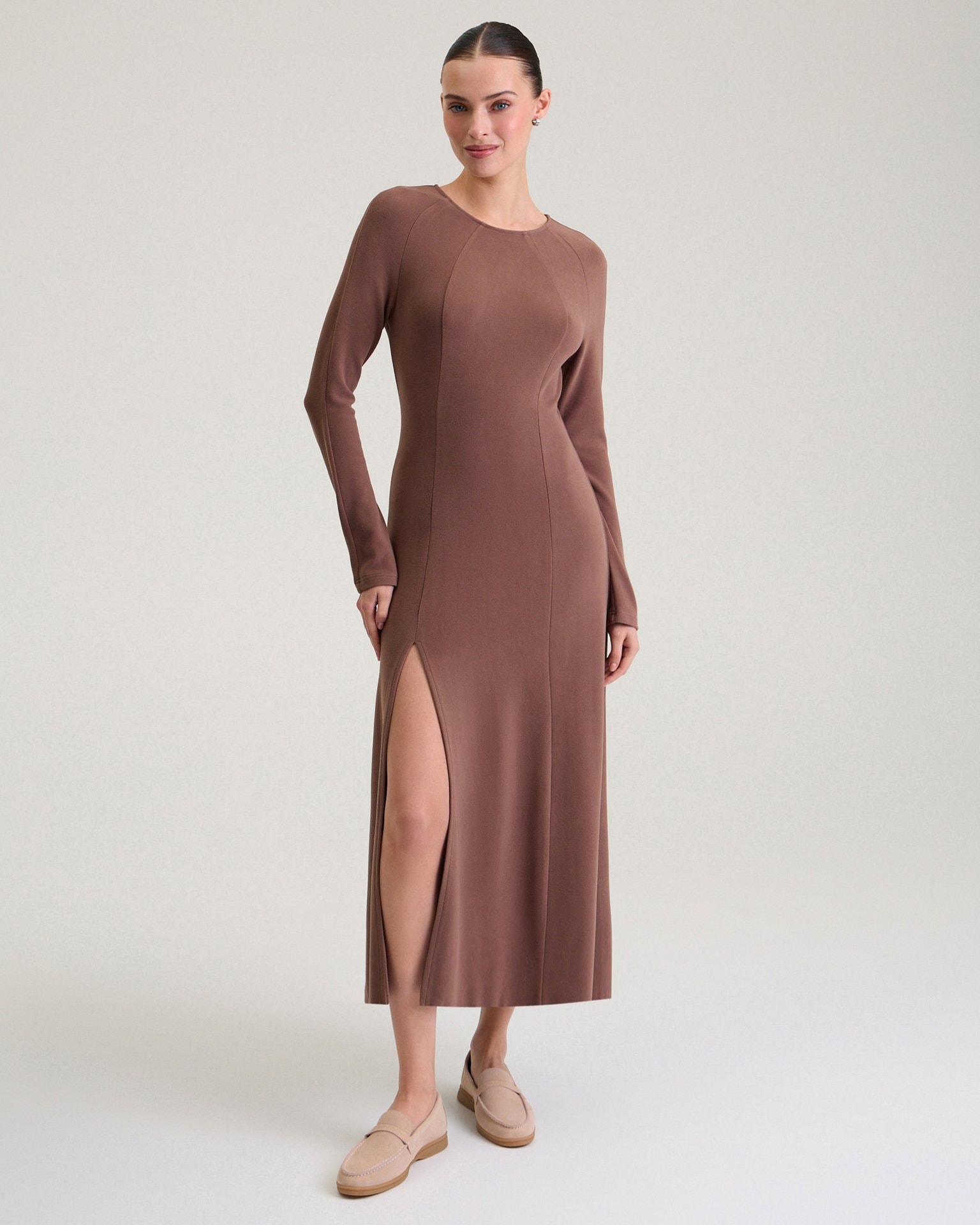 Knitted dress with a slit, Taupe — photo 2