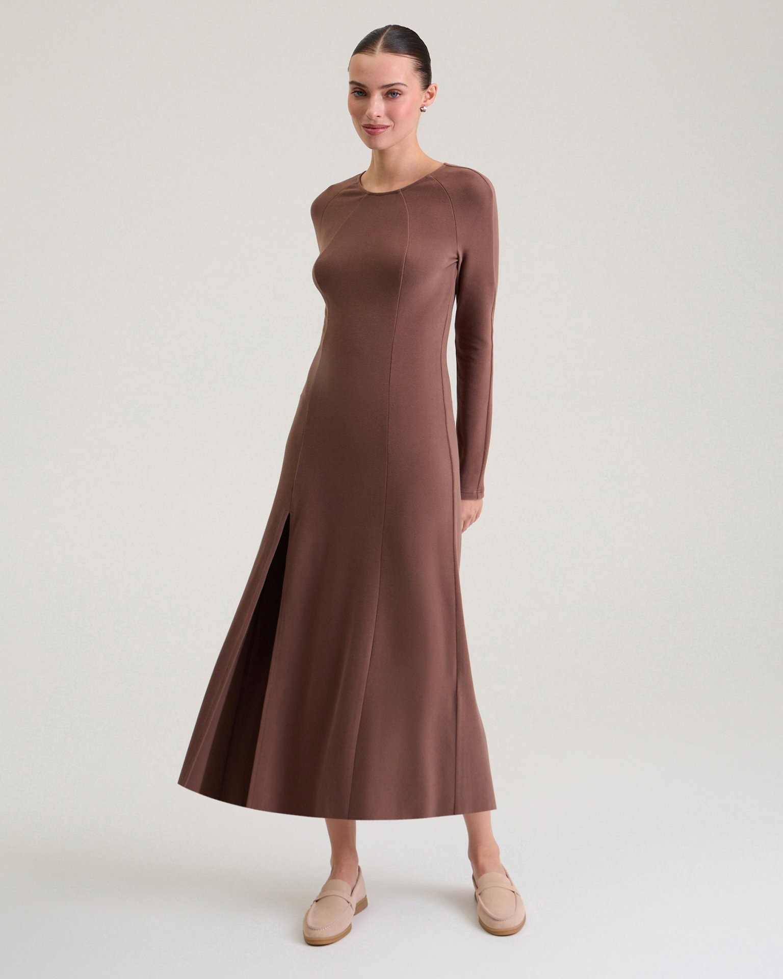 Knitted dress with a slit, Taupe — photo 4