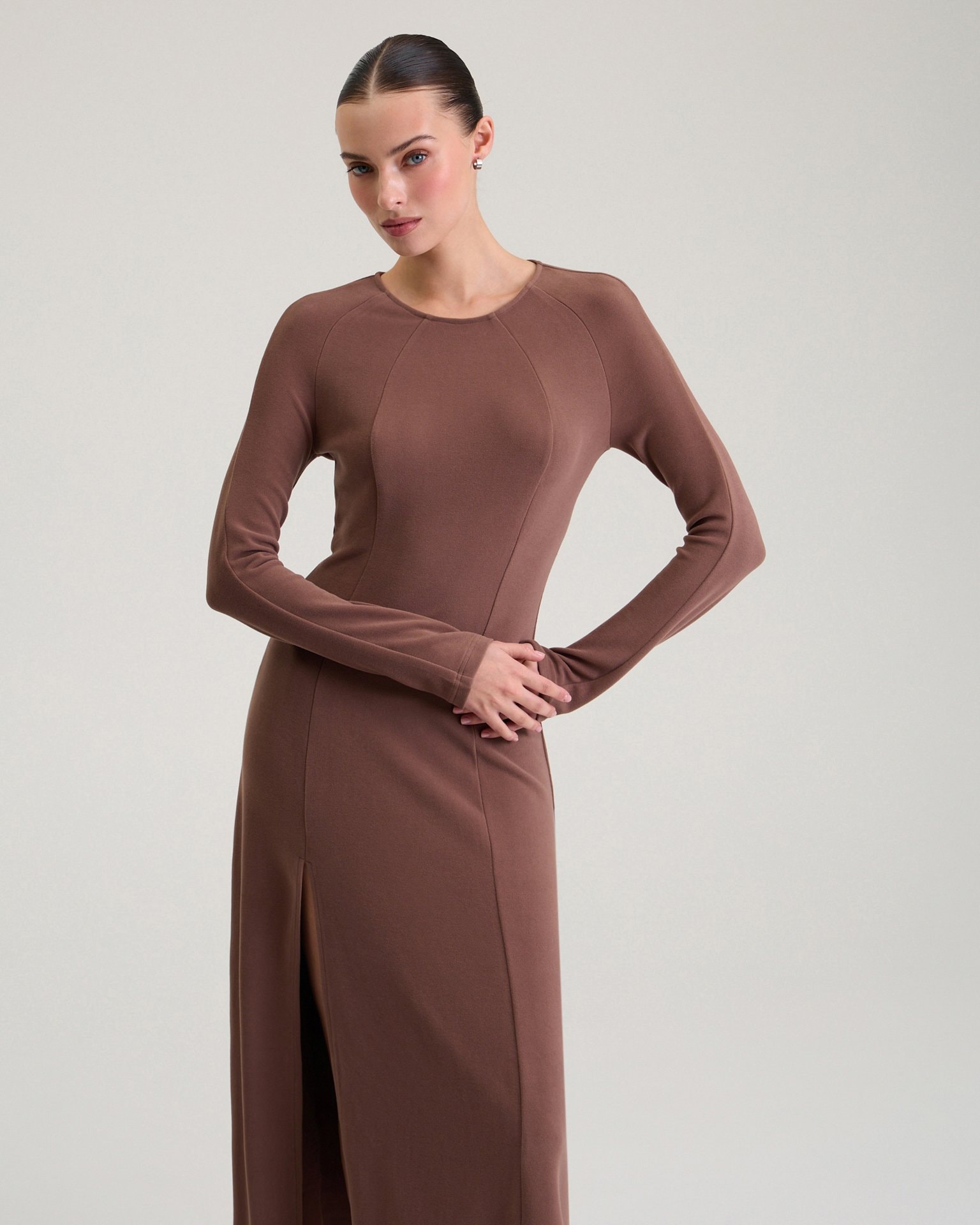 Knitted dress with a slit, Taupe — photo 5