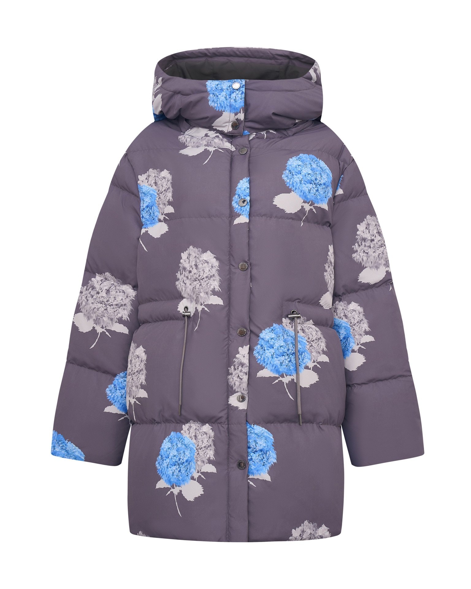 Longline down jacket with limited edition Hydrangea print, Grey — photo 12