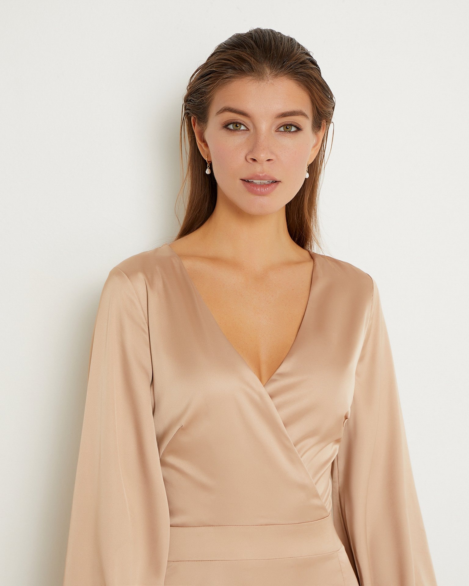 Coffee-Coloured Satin Dress, Coffee — photo 6