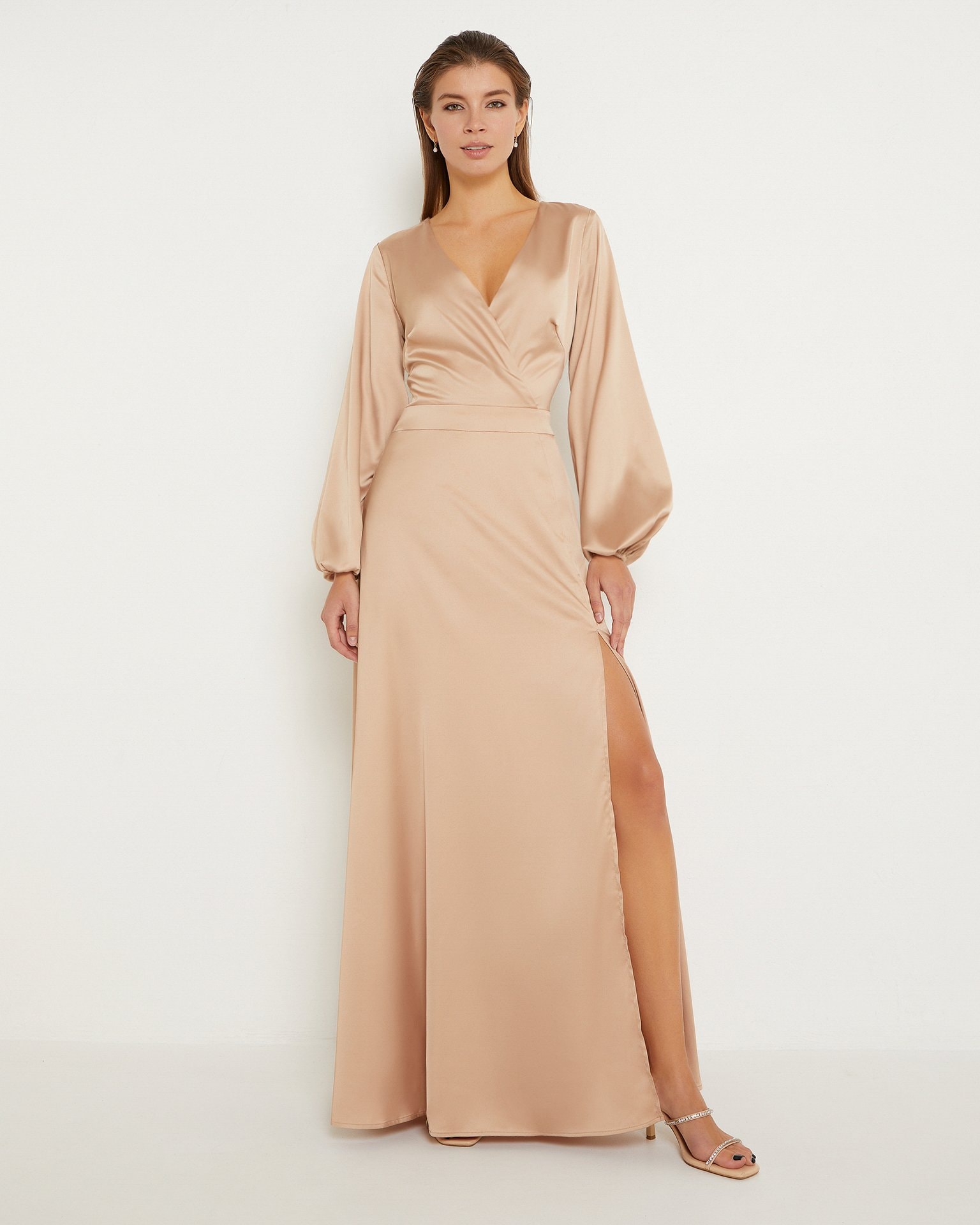 Coffee-Coloured Satin Dress, Coffee — photo 5