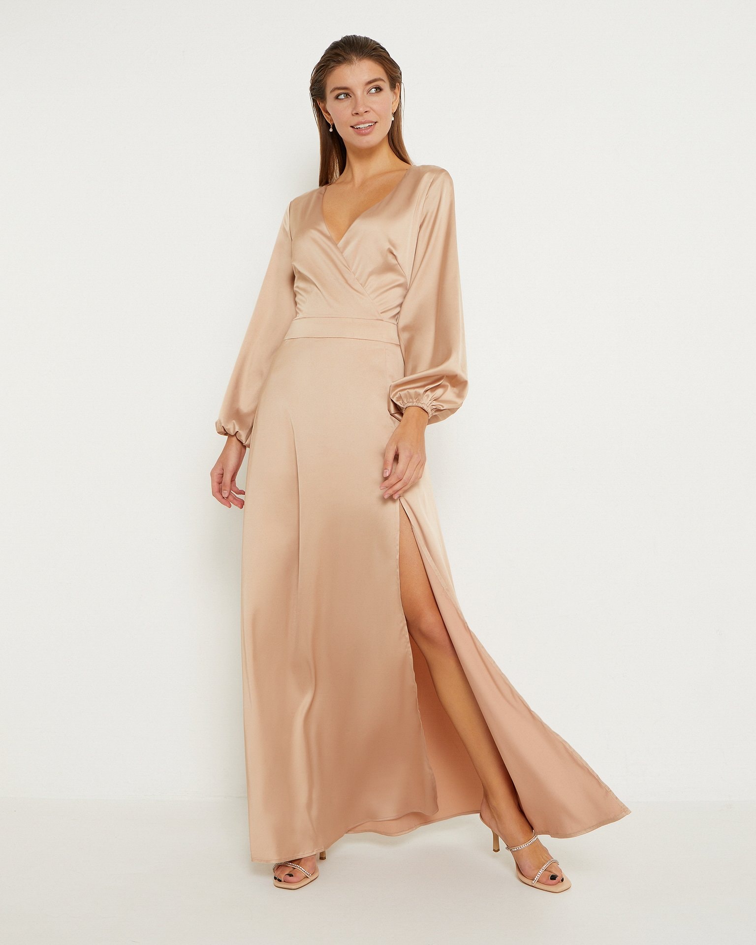 Coffee-Coloured Satin Dress, Coffee — photo 2
