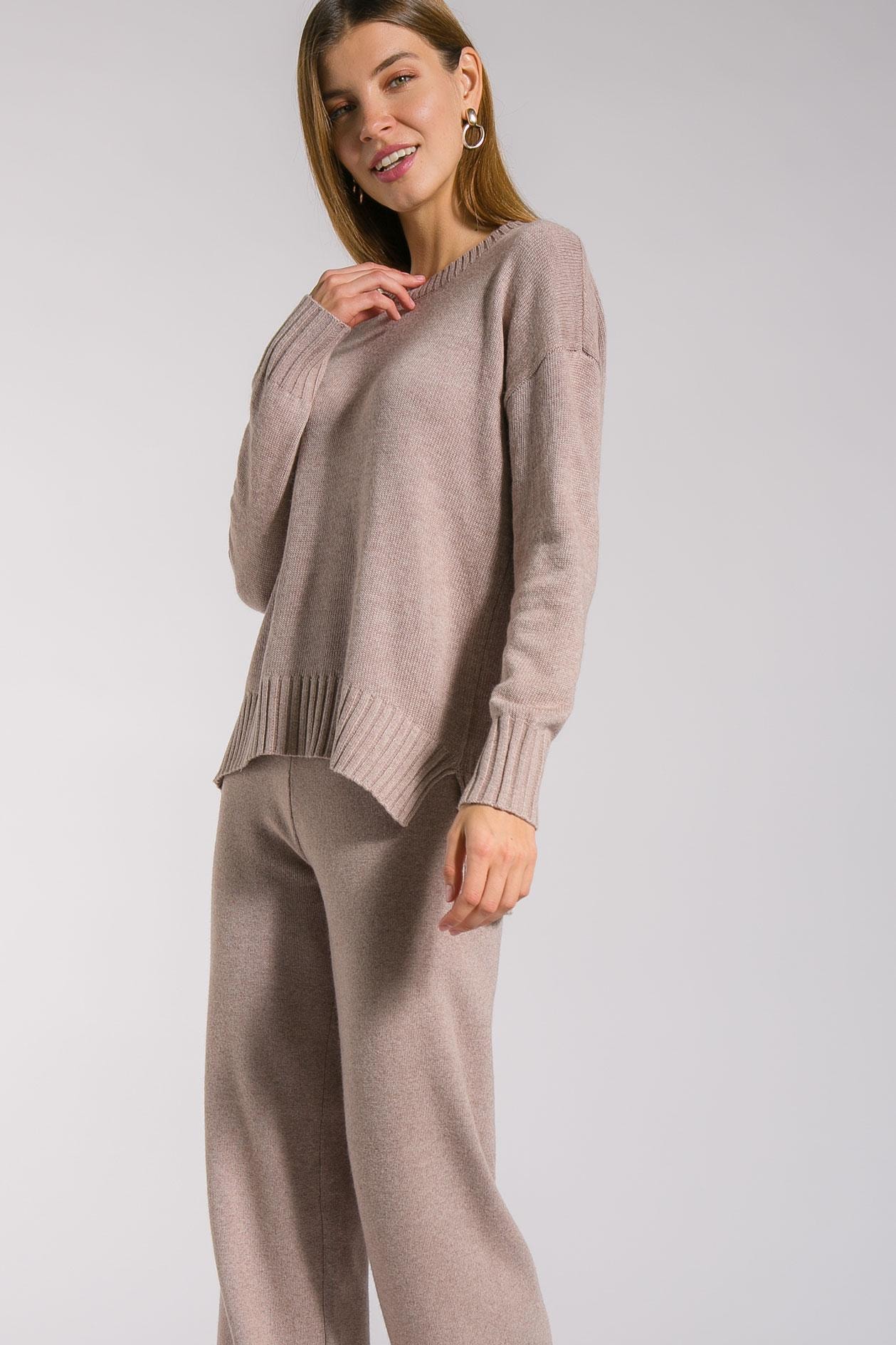 Two-piece set with a relaxed-fit jumper and flared trousers, Brown — photo 2